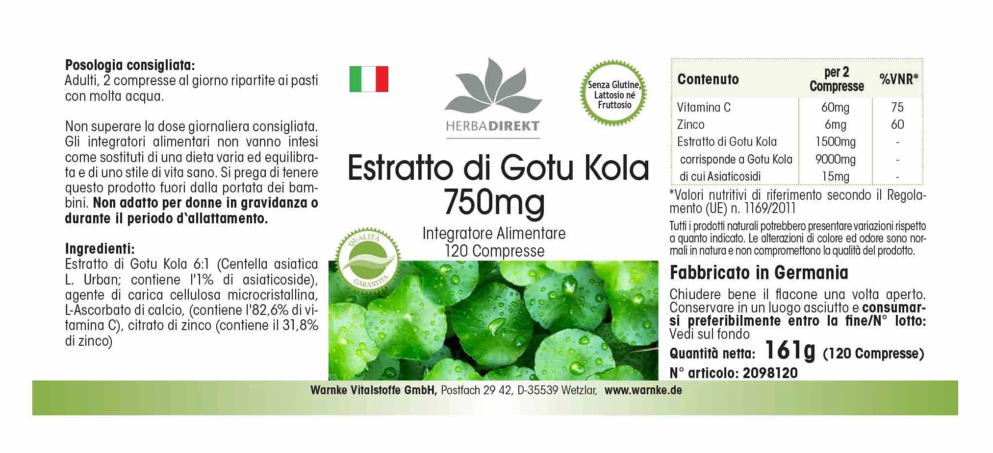 Gotu Kola 750mg estratto ad alto dosaggio con zinco e vitamina C 120 compresse vegan HERBADIREKT by Warnke Vitalstoffe