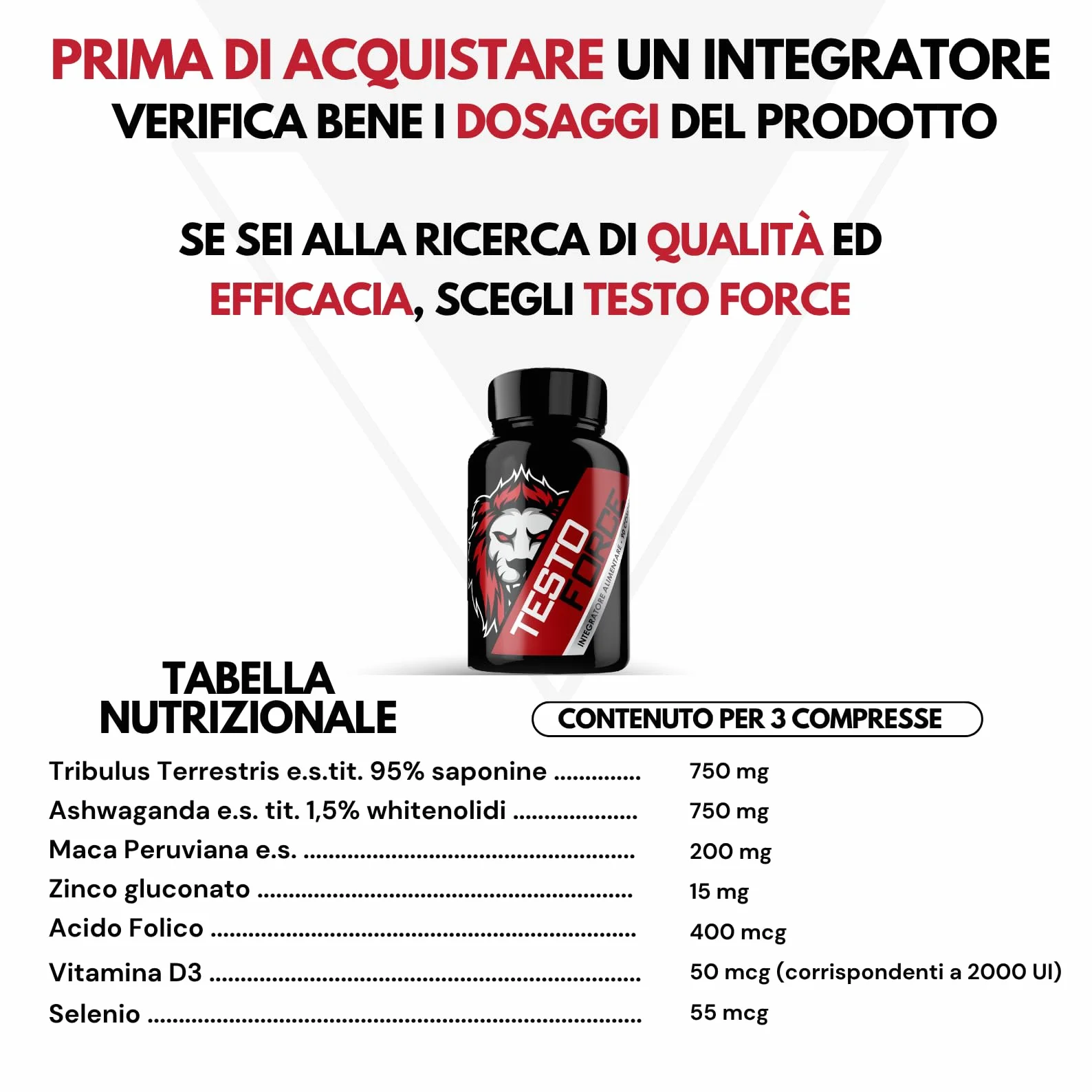 TESTO FORCE | 90 Compresse | Azione Rapida e Potente | Aumento Massa Muscolare Uomo, Alto Dosaggio di Tribulus Terrestris, Maca Peruviana, Ashwaganda, Zinco