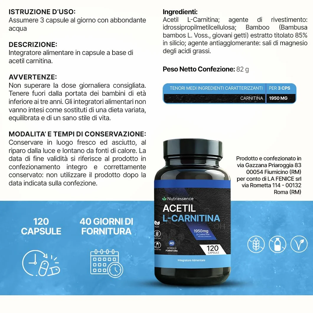 Acetil L-Carnitina 1950 mg 120 Compresse Integratore Energia Metabolismo Concentrazione Forza Mentale Senza Glutine Lattosio