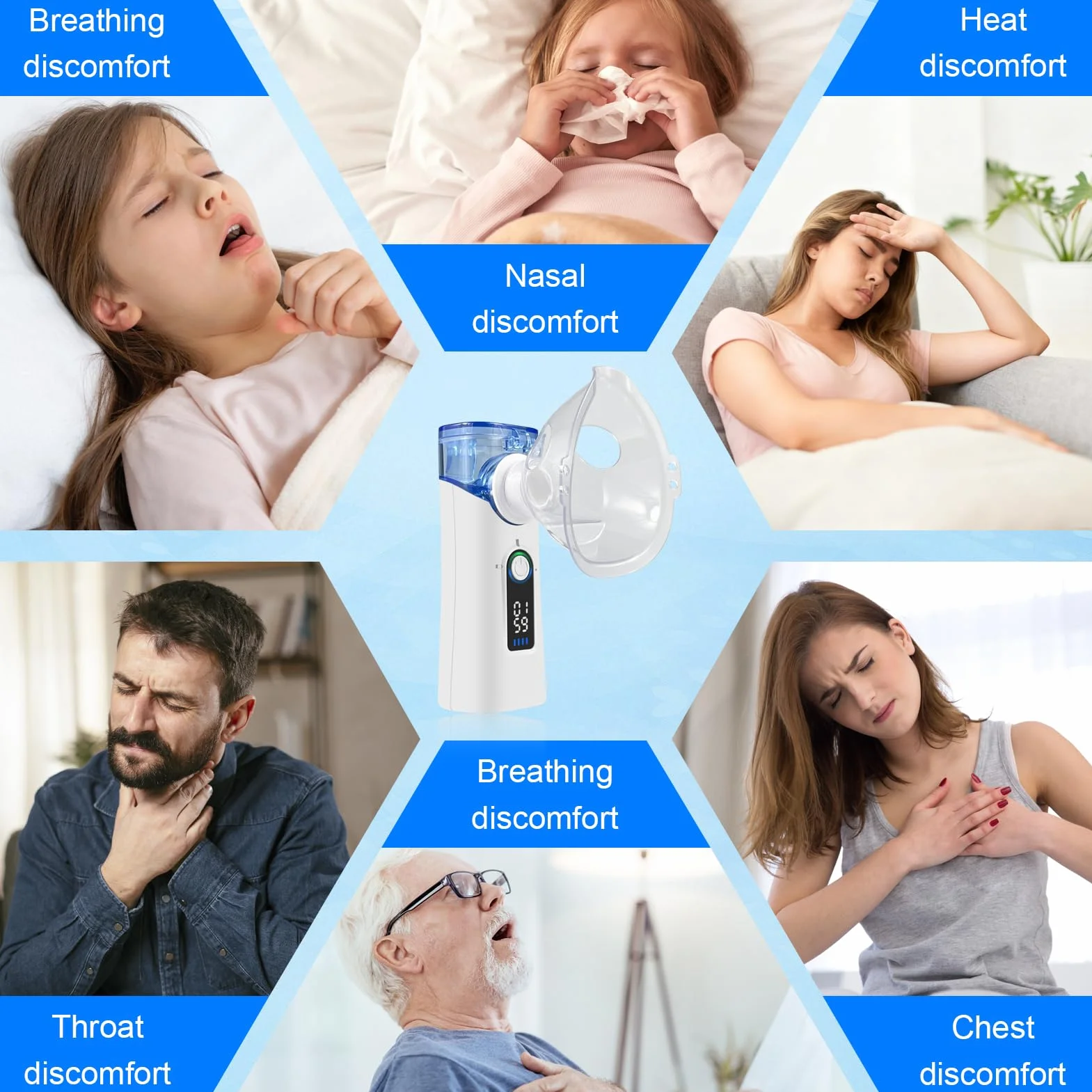 Aerosol Portatile Silenzioso Ricaricabile USB-C con Autopulizia, Nebulizzazione Regolabile, 2 Maschere e Boccaglio per Adulti e Bambini