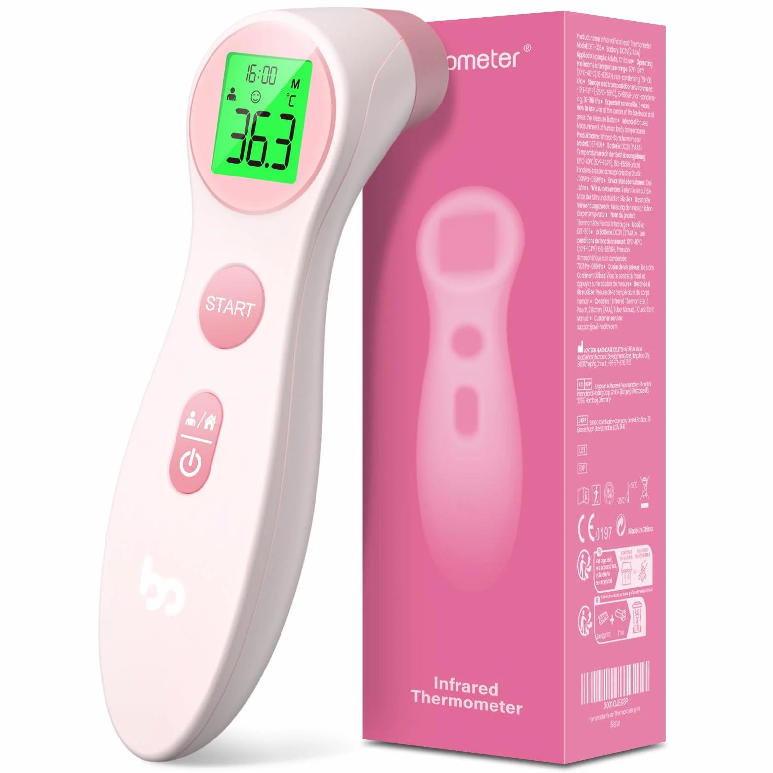 Termometro frontale senza contatto per bambini e adulti, clinico con allarme febbre, lettura immediata 1s, rosa