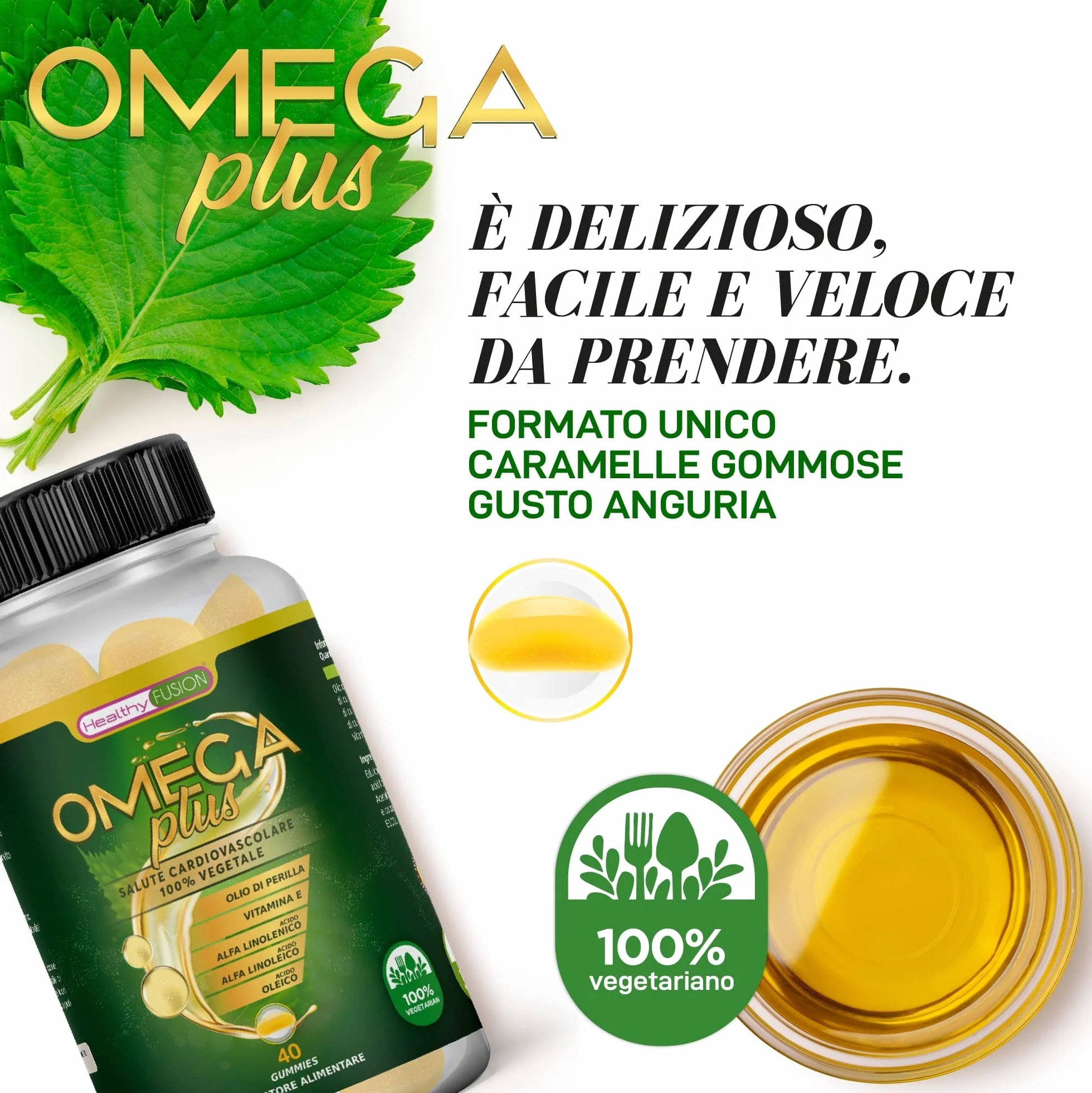 Healthy Fusion Omega Plus Olio di Perilla Vitamina E Acidi grassi Omega 3-6-9 40 gummies
