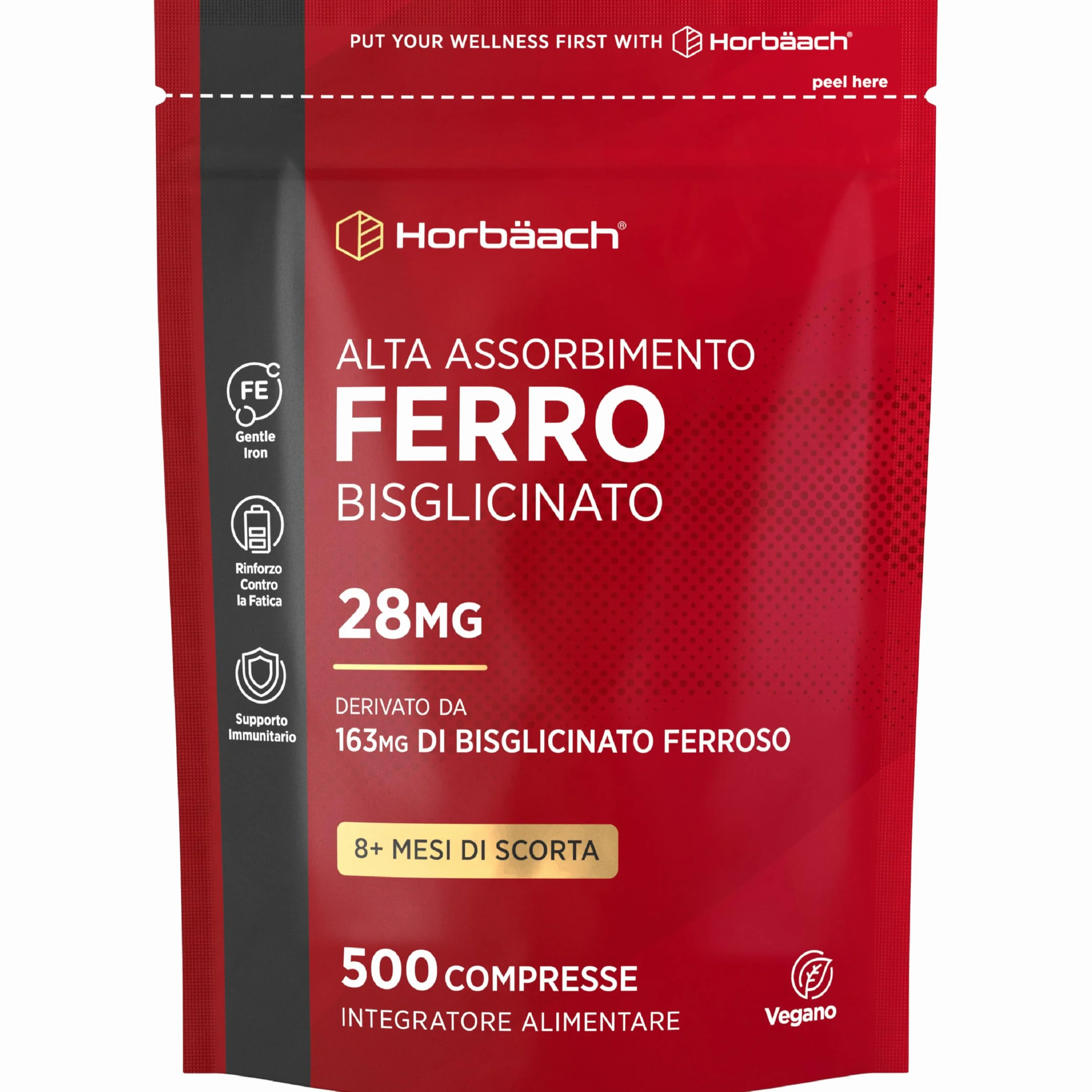 Ferro Integratore Forte 28 mg | 500 Compresse Vegane | Ferro Bisglicinato | Supporto Energetico | Gentle Iron Supplement | di Horbaach