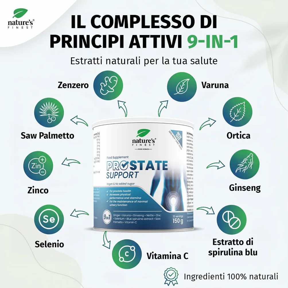 Nature's Finest PROstate Support Saw Palmetto Serenoa Repens Integratore Prostata Formula Naturale Varuna Ortica Ginseng Zinco Alta Bio-Disponibilità 150g