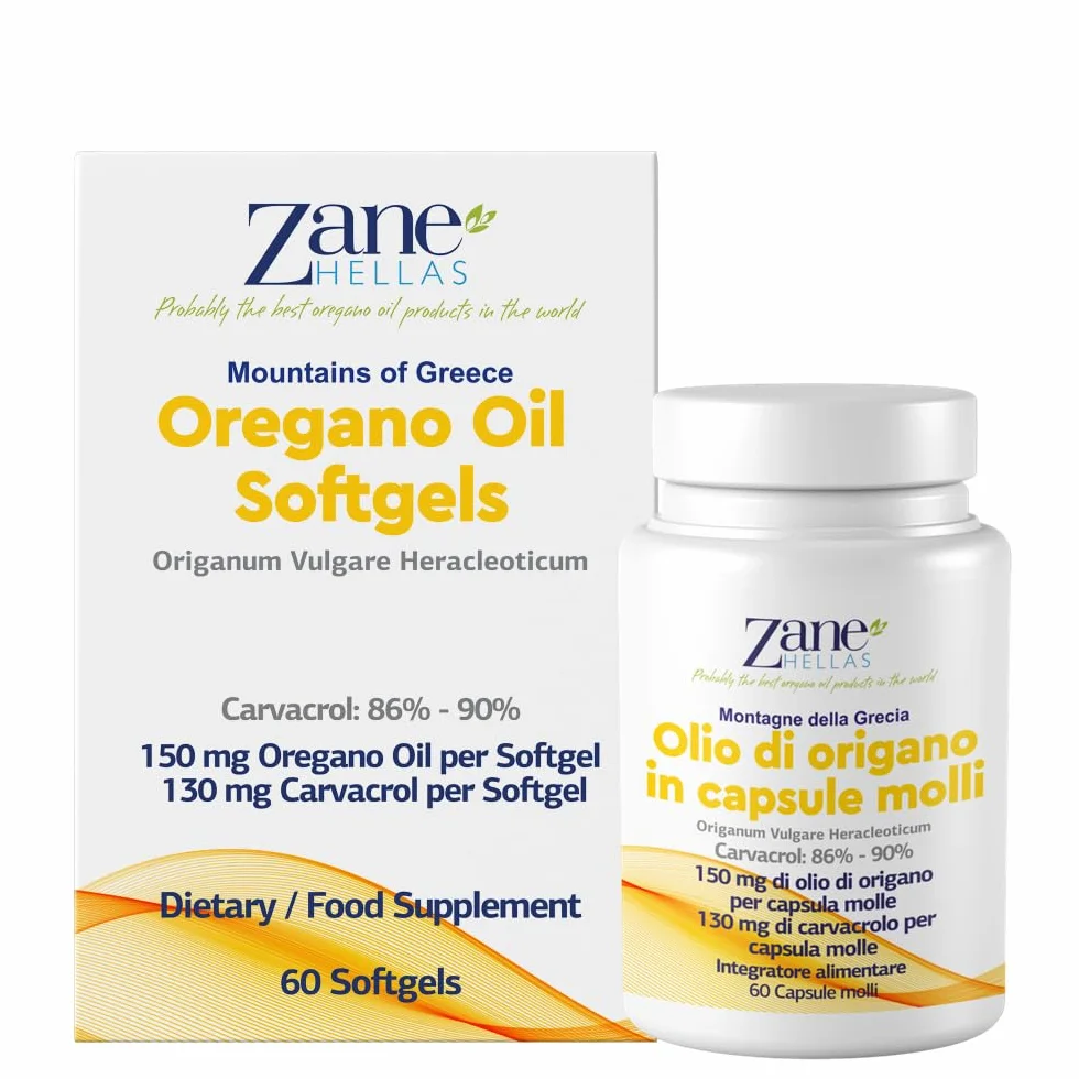 Zane Hellas Oregano Oil Softgels 30% Pure Greek Essential Oil 130 mg Carvacrol 60 Softgels