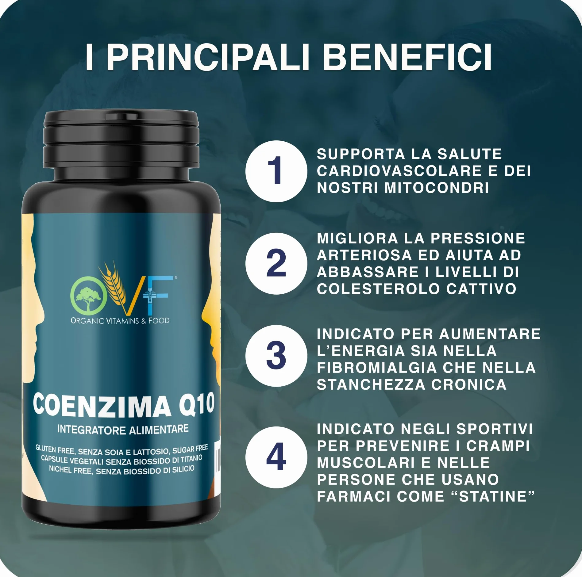 OVF Coenzima Q10 100mg (60 Cps) - Sostegno Energetico e Cardiaco - Integratore Naturale - Q10 Coenzima Antiossidante AntiAge per la Pelle e il Sistema Immunitario.