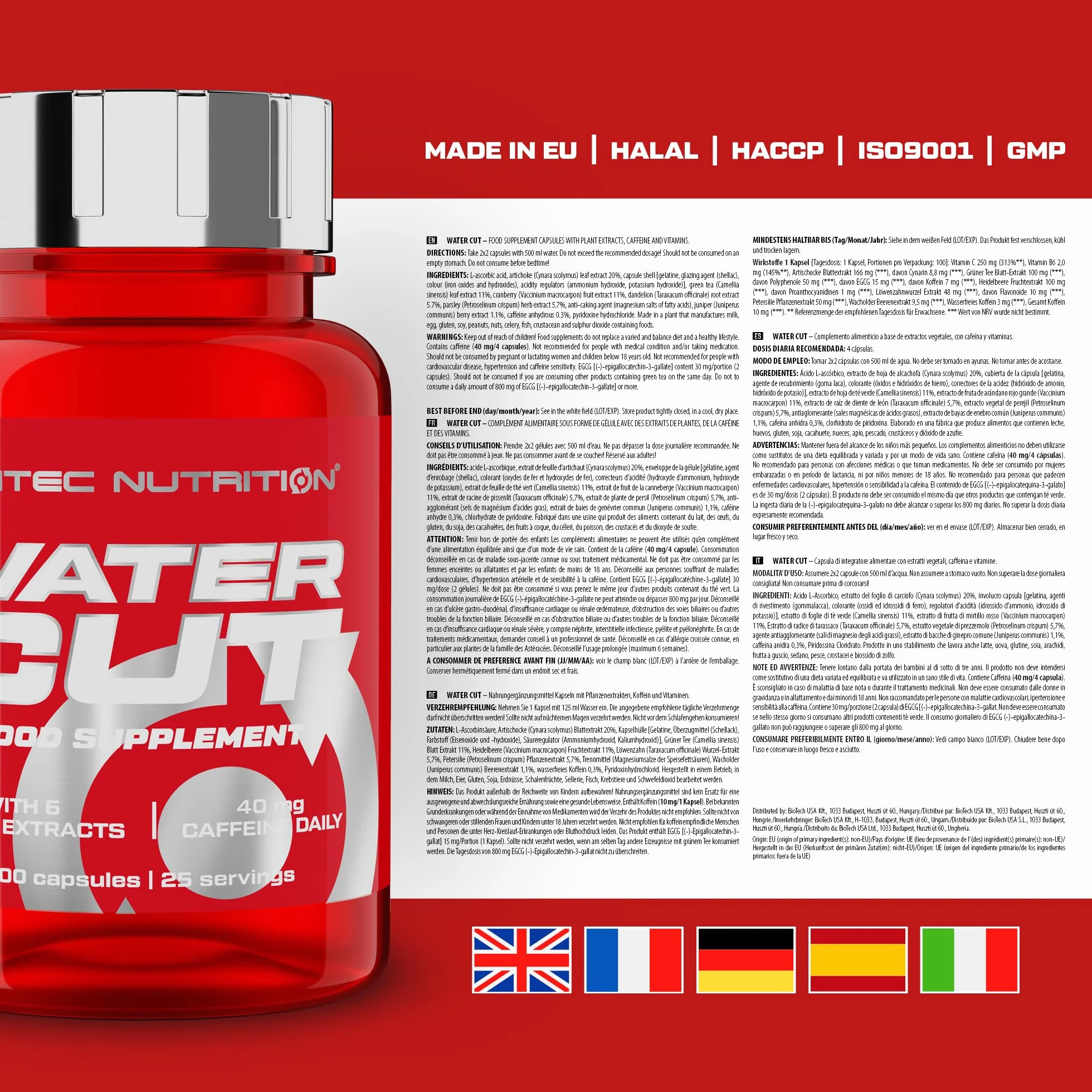 Scitec Nutrition Water Cut, Rinforzo energetico con vitamina C e B6, Estratto di tè verde, Riduzione della stanchezza e supporto del sistema immunitario, Integratore diuretico naturale, 100 Capsule