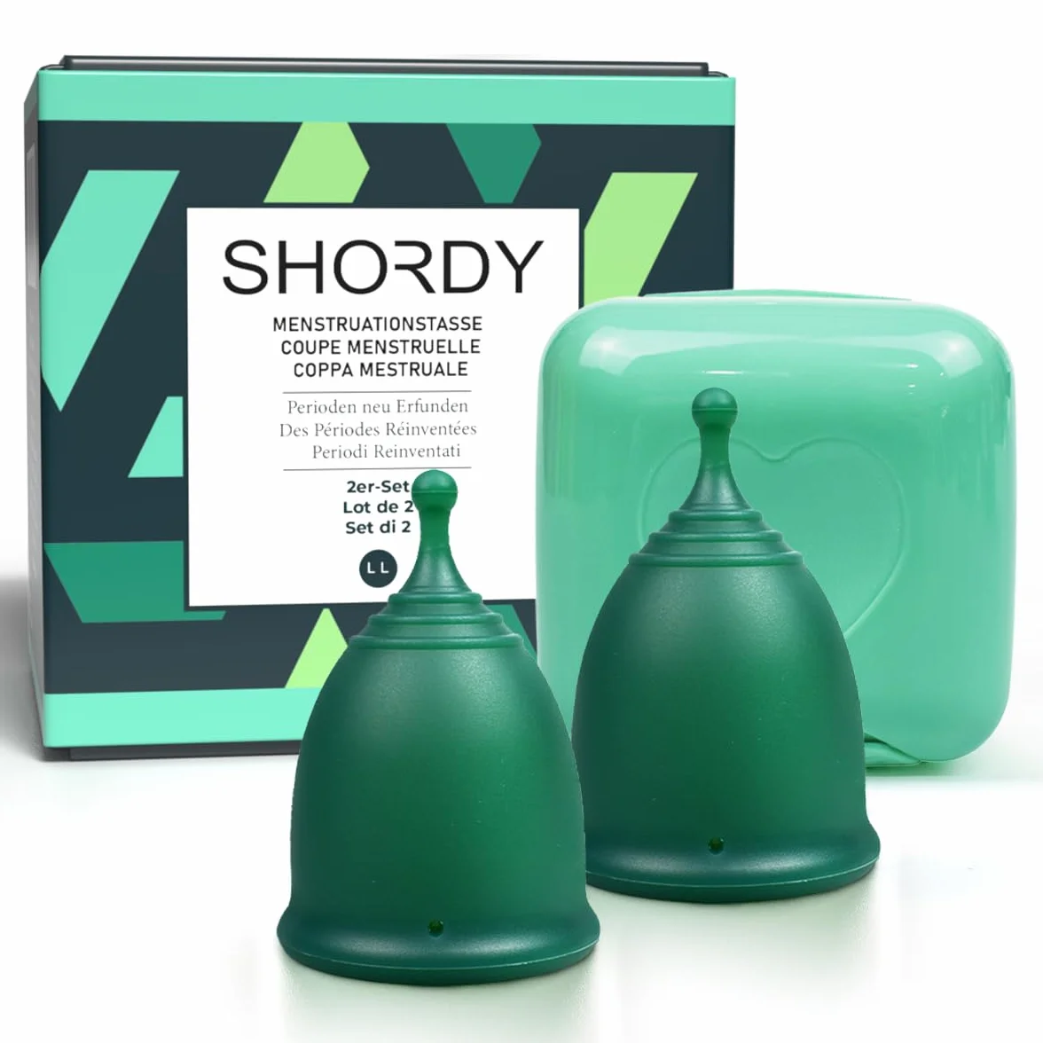 Shordy Coppa mestruale, set di 2 – Large with Mini Box, 100% Medical Grade tazza mestruale in silicone per l'igiene femminile, un'alternativa migliore e più sicura a bendaggi e tamponi