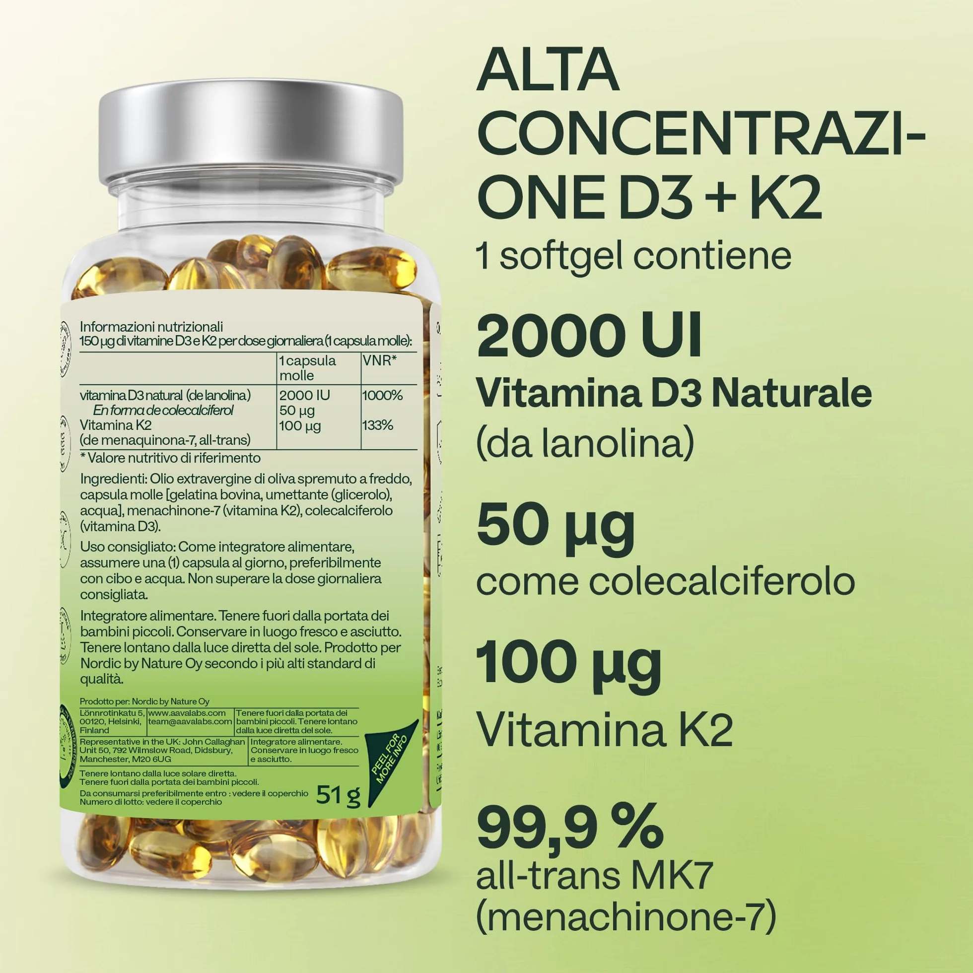 Vitamina D3 K2 2000 UI + MK7 100 μg Olio Extravergine d'Oliva 180 Capsule