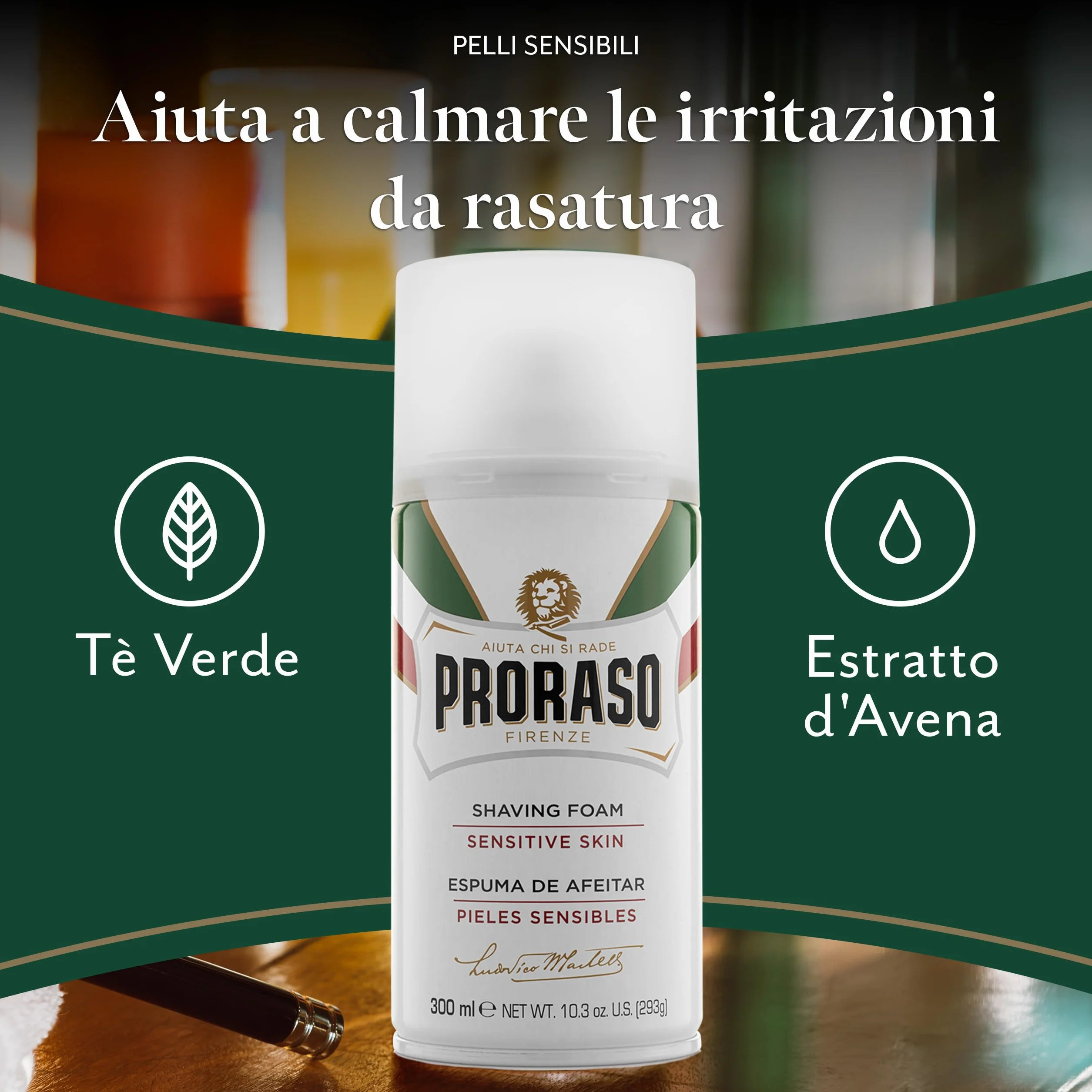 Proraso Schiuma da Barba Pelli Sensibili 4 x 300ml Anti Irritazione con Avena e Tè Verde
