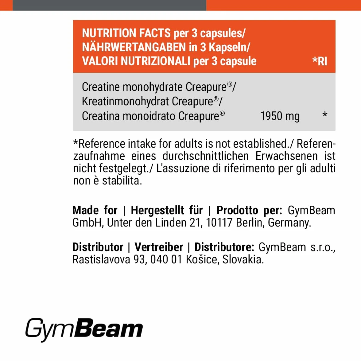 GymBeam Creatina Monoidrato Capsule Creapure® per prestazioni fisiche atleti resistenza sport squadra