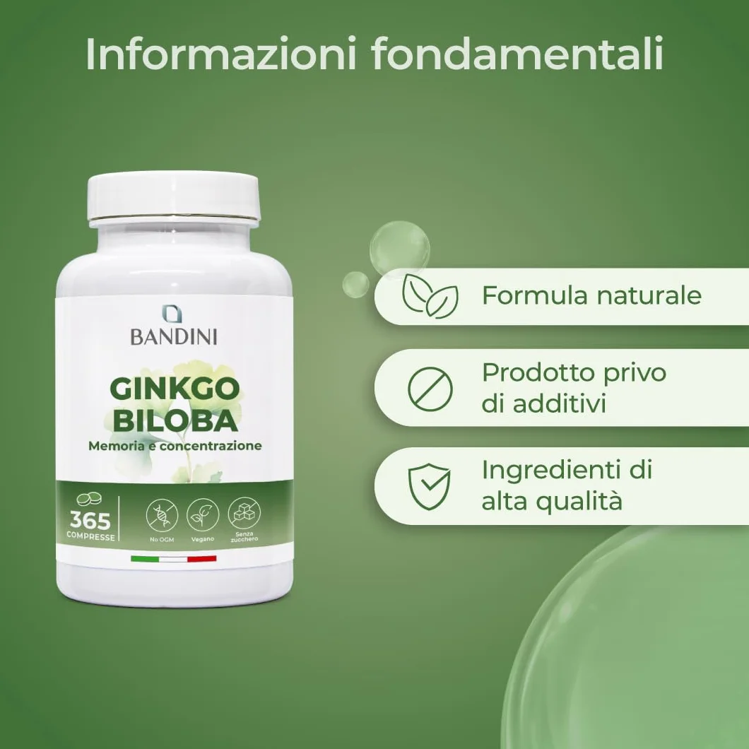 Bandini Ginkgo Biloba 6.000mg 365 Compresse Estratto 50:1 Integratore Nootropico Vegan