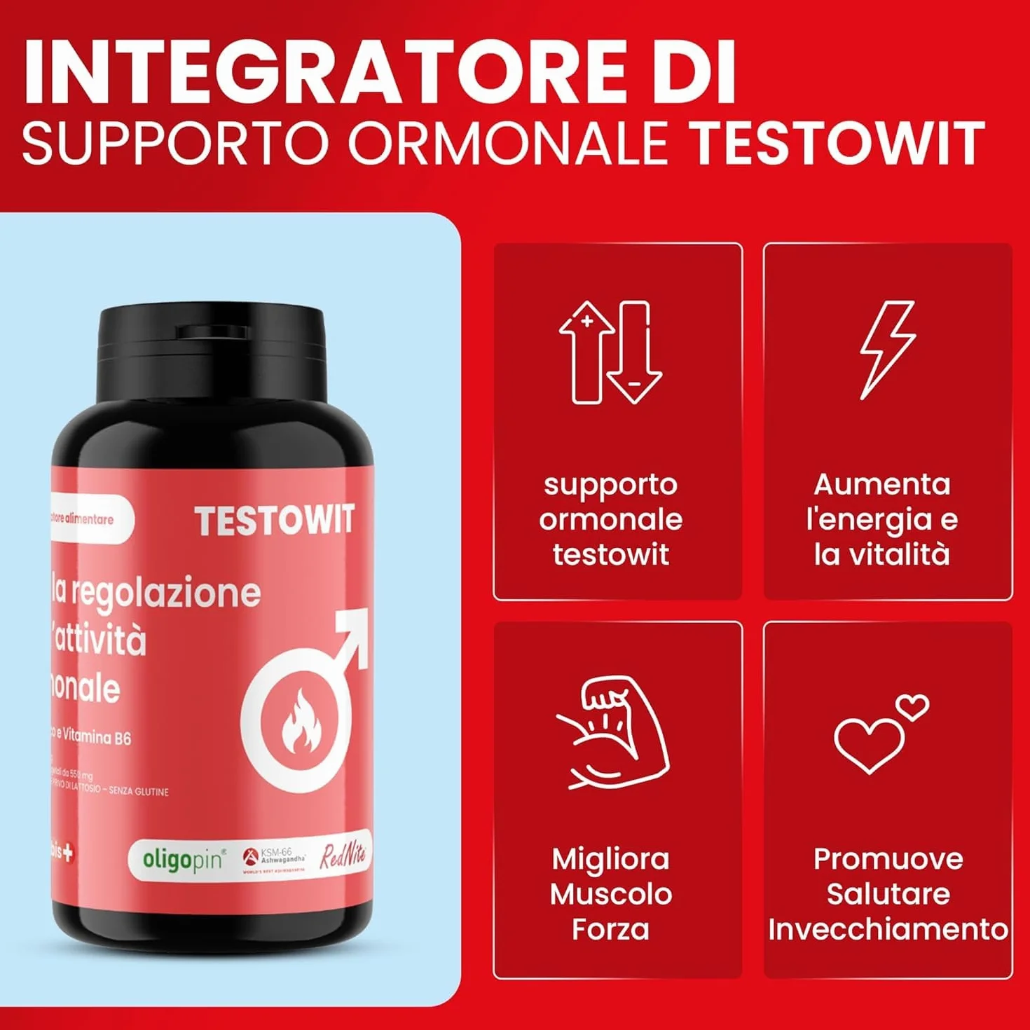 ORBIS TESTOWIT Integratore Naturale per Uomini | Supplemento per la Regolazione Ormonale con Muira Puama, Maca e Ashwagandha | aumenta la vitalità naturale | Forza & Energia Uomo | 120 Capsule