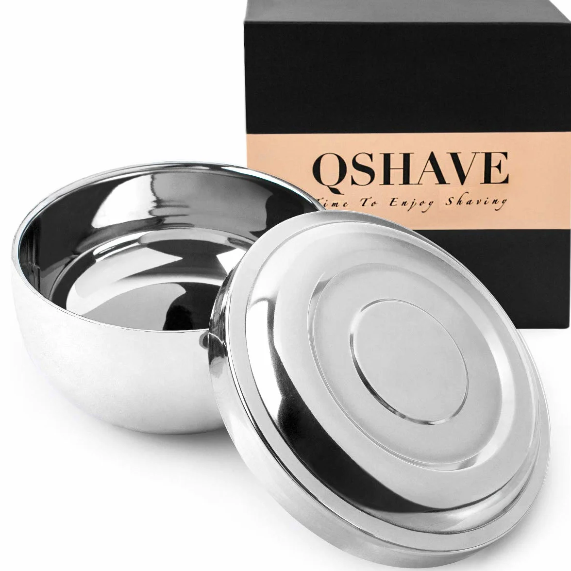 QSHAVE Ciotola per sapone da barba, shave tazza rasatura, in acciaio inox, con coperchio, 10cm, dimensione profonda, articolo placcato al cromo