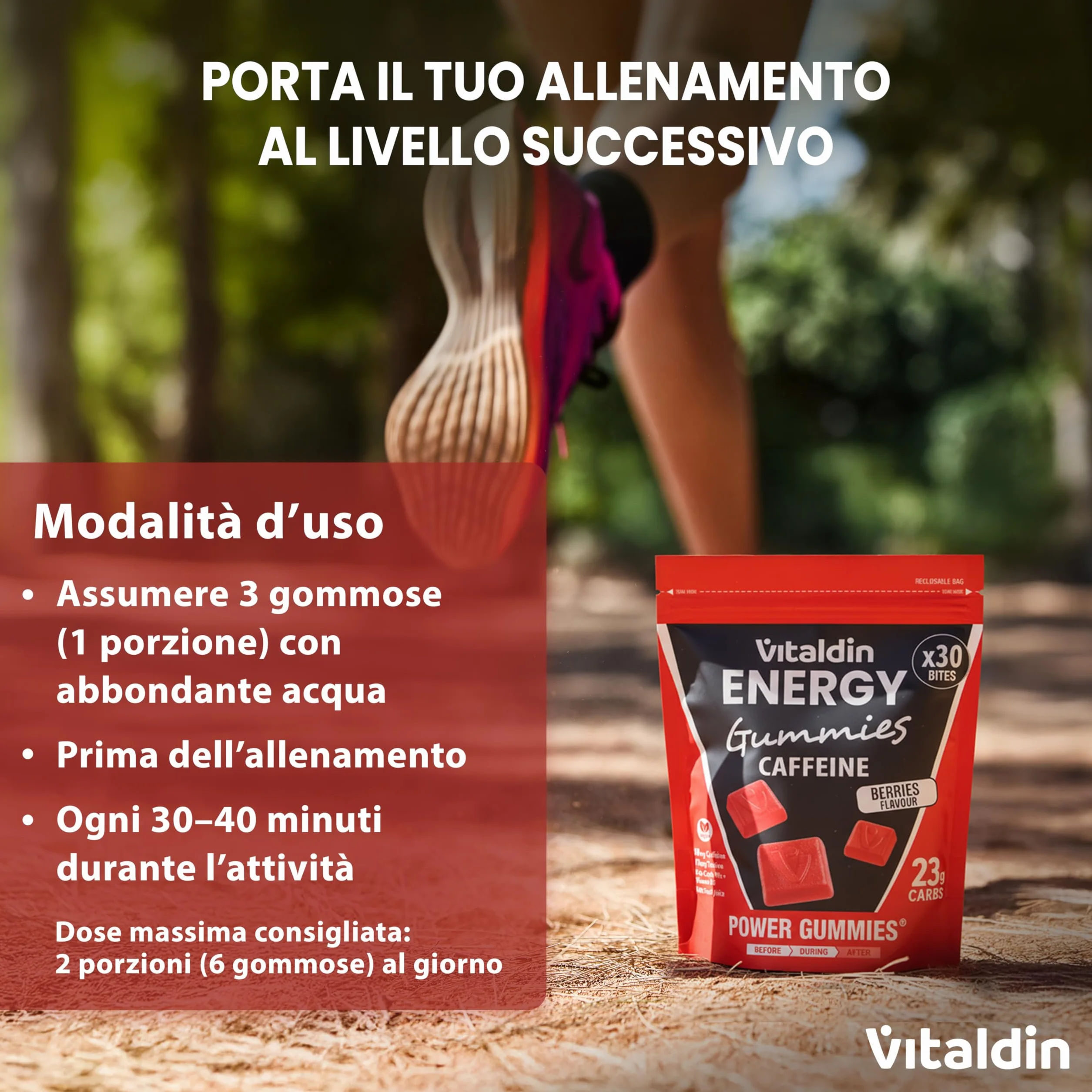 VITALDIN SPORT Power Gummies 80 mg Caffeina 40 mg Taurina 30 Caramelle Gommose gusto Frutti Rossi Vegano