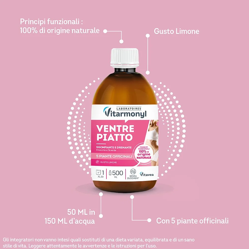 Vitarmonyl Ventre Piatto Drenante Detox 500 ML Thè Verde Finocchio Gusto Limone