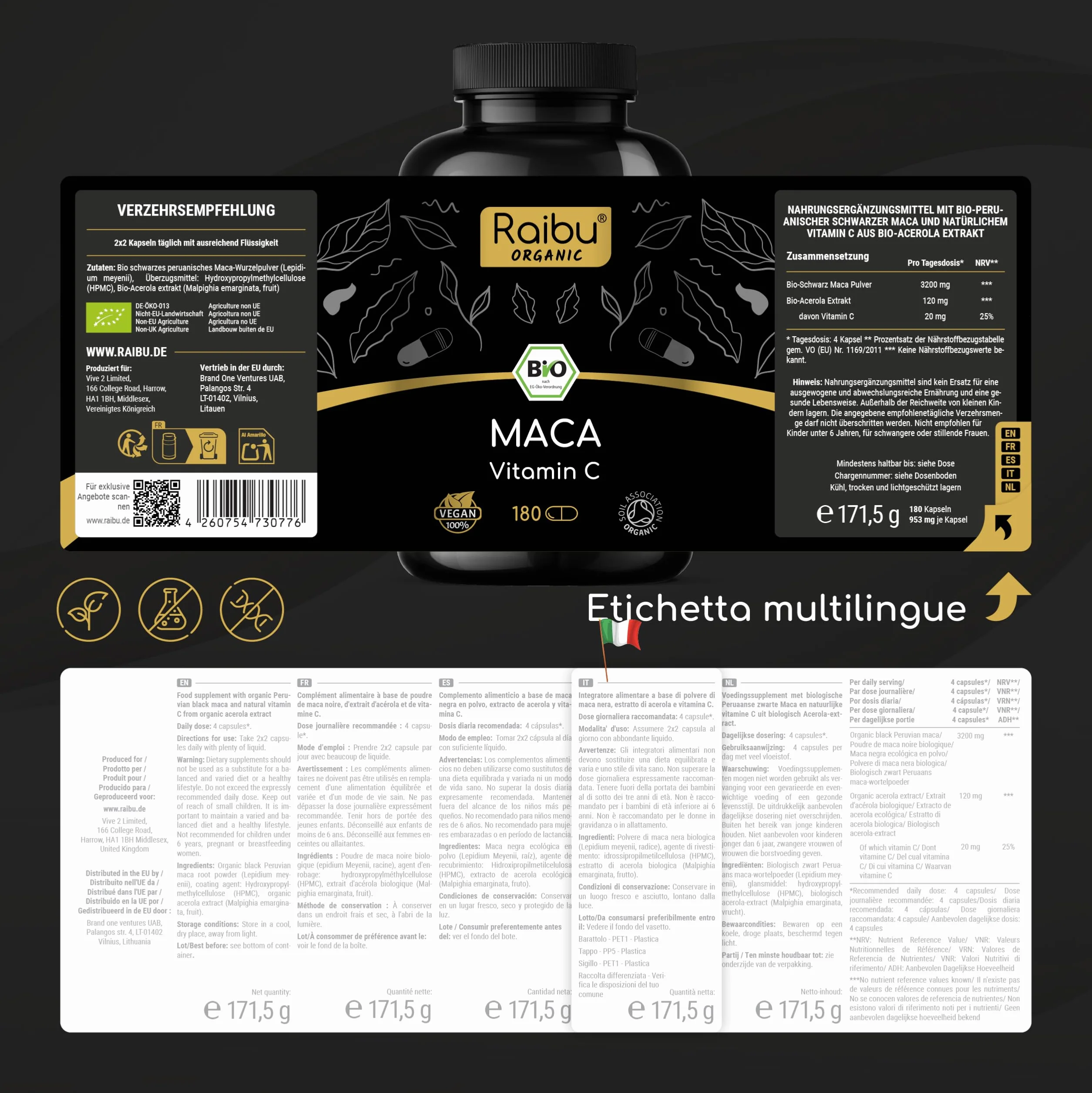 Maca Peruviana Nera BIO Extra Forte - 12.800 mg Maca Nera al giorno (equivalente a 3.200 mg) - Equilibrio Ormonale, Energia, Benessere - Originaria del Perù & Certificata BIO - 180 Capsule Vegane