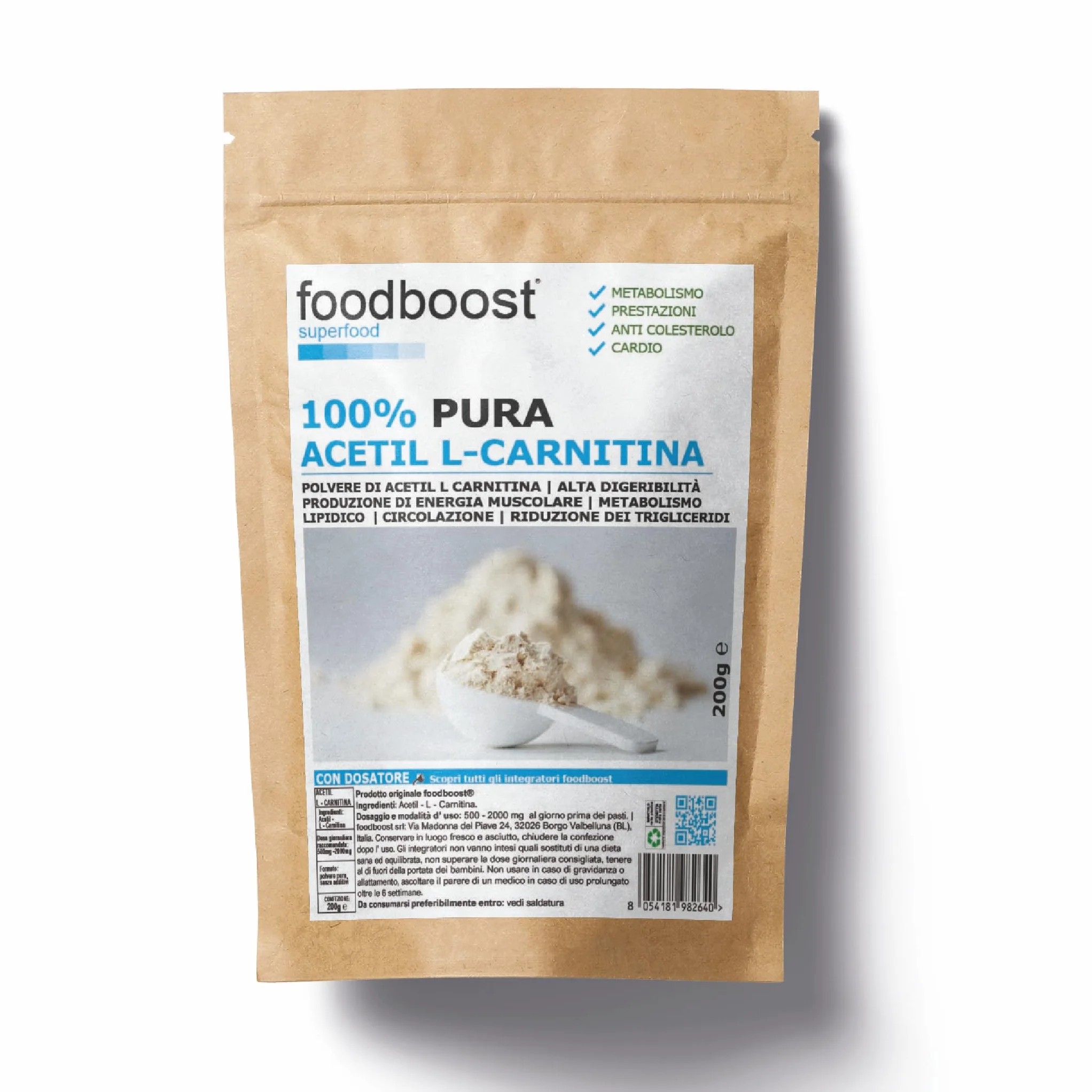 Acetil L-Carnitina pura in polvere 200g senza additivi per dimagrimento bruciagrassi pre workout 100 dosi
