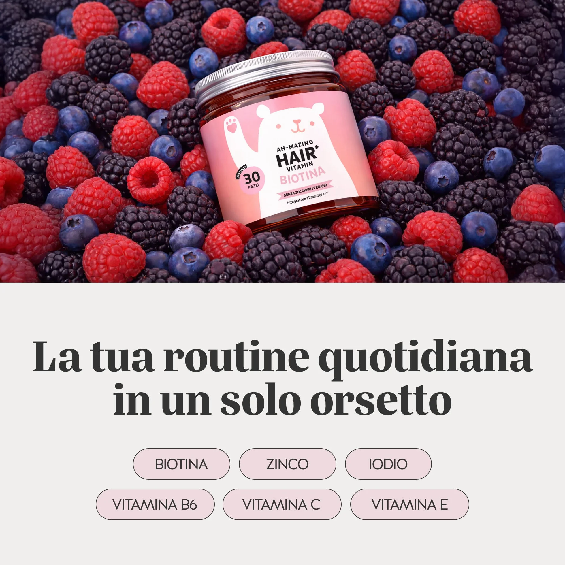 Biotina Gummies Ah-mazing Hair – Integratori per Capelli – 10.000 µg, Zinco, Vitamina B6, C, E, Iodio – Pack 2x30 (2 Mesi), Vegane, Senza Zucchero