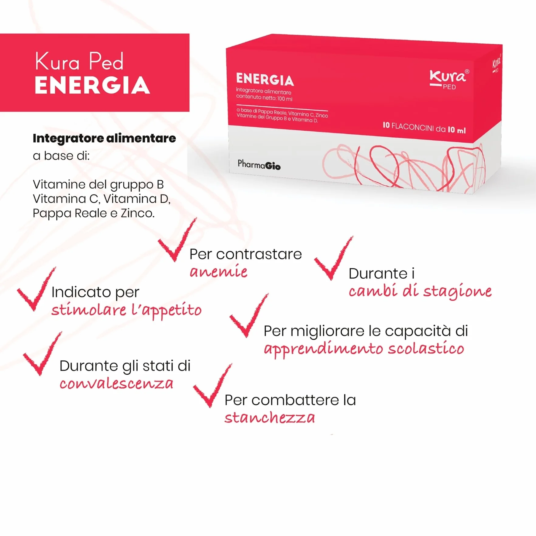 ENERGIA Integratore Stanchezza per Bambini e Adulti - Pappa Reale e Vitamina C - Concentrazione - 10 Flaconi da 10 ml