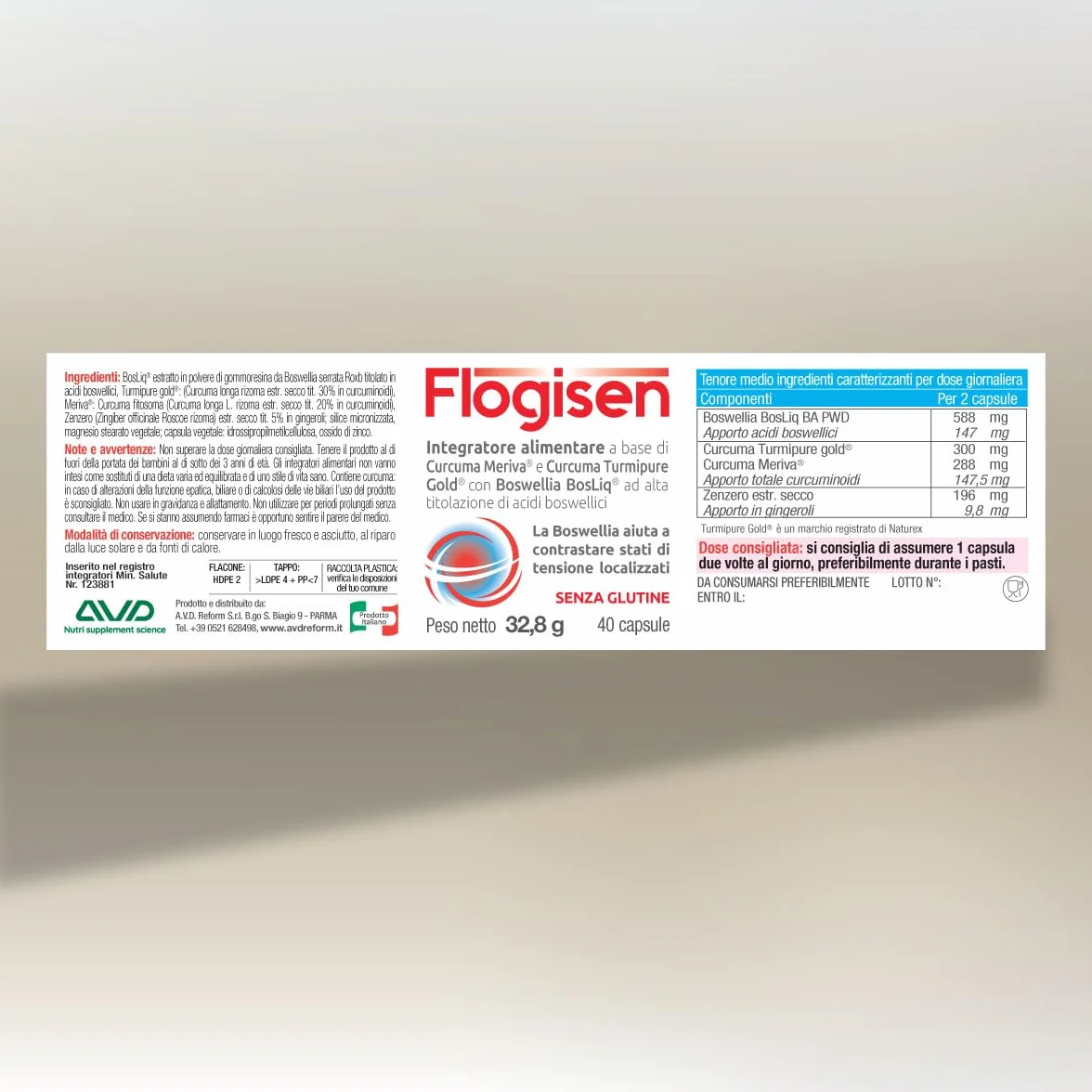 Flogisen Formula con Curcuma Meriva Turmipure Gold Boswellia BosLiq 40 capsule Prodotto in Italia