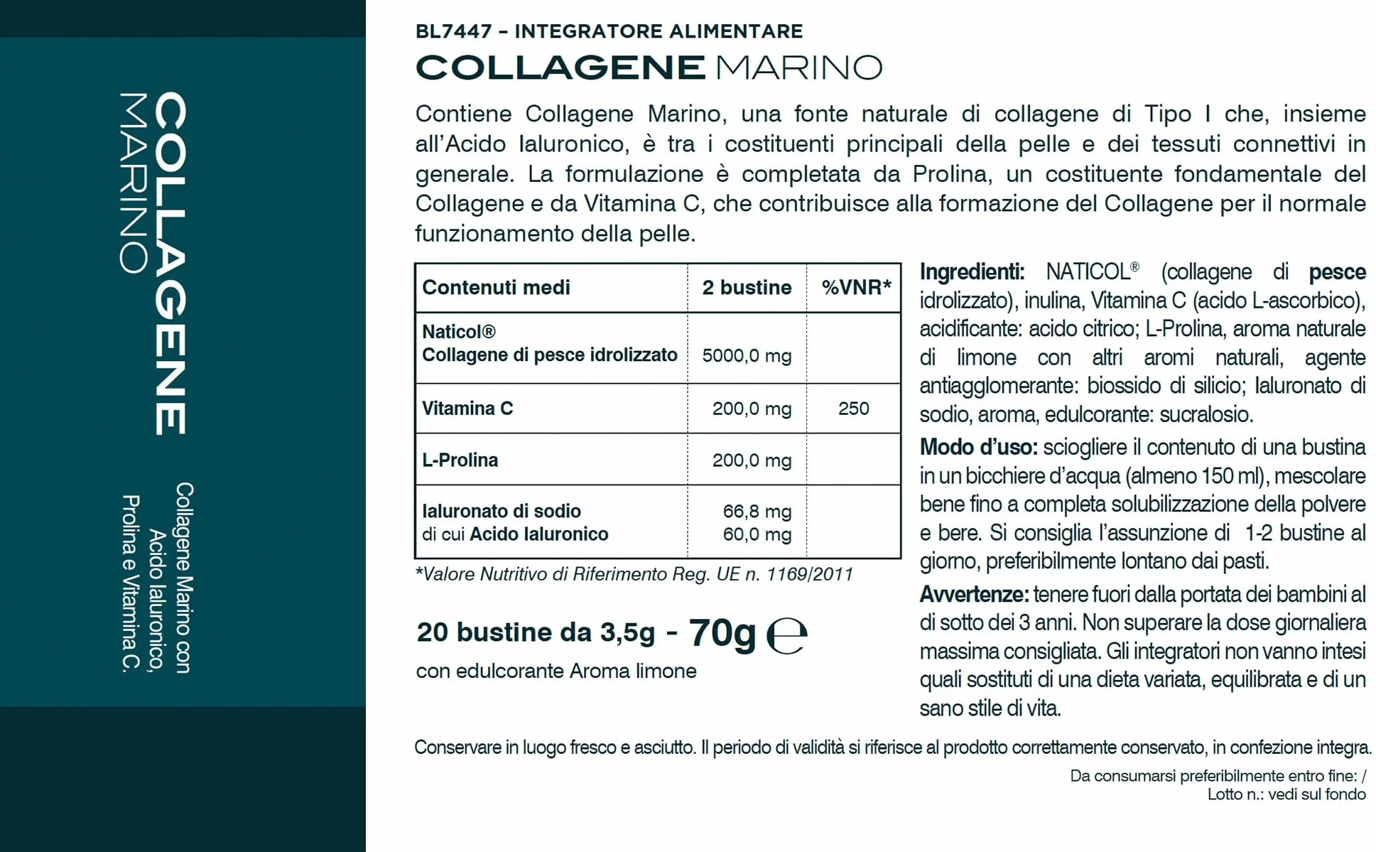 BIOS LINE Principium Collagene Marino Integratore Alimentare per l'Elasticità della Pelle, 20 Buste 3,5g