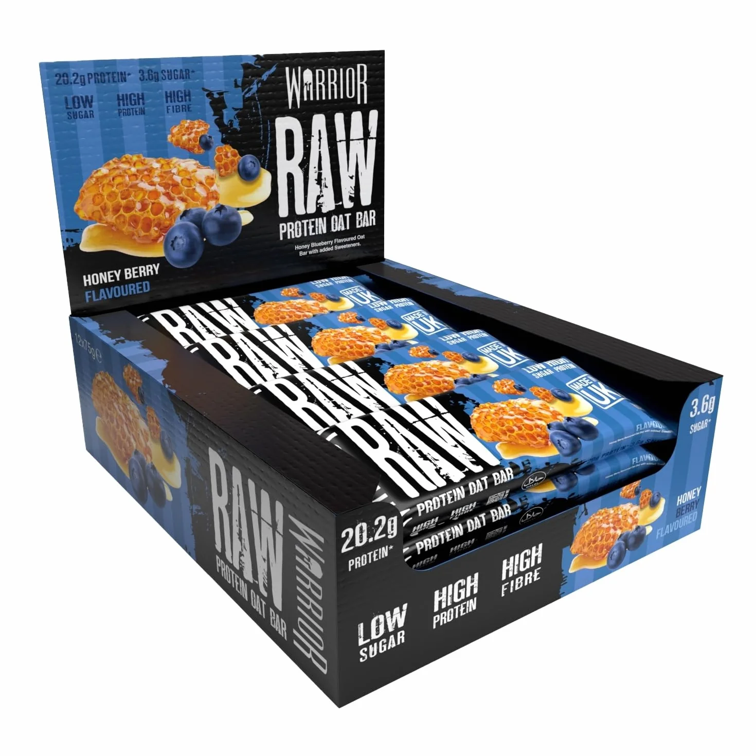Warrior Raw Barretta Proteica 12 x 75 g – Barrette Proteiche ai Fiocchi d'Avena, Snack Proteico Senza Zucchero con Fibre e Prebiotici – Frutti di Bosco al Miele