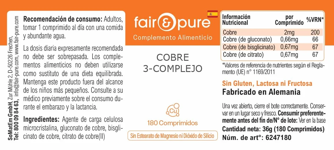 Fair & Pure Complesso di rame a 3 componenti, 180 compresse, 2 mg per compressa, facili da deglutire, integratore alimentare vegano senza additivi, prodotto in Germania