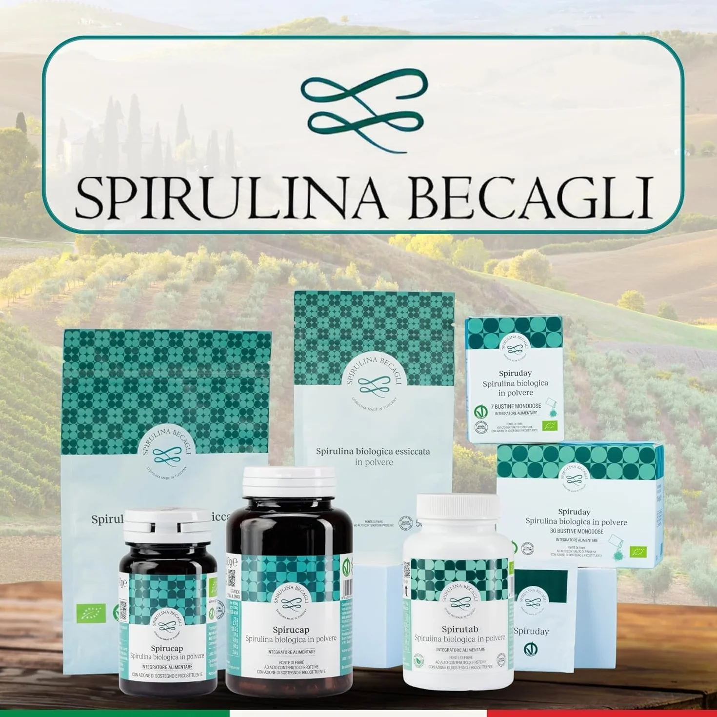 Spirulina Biologica Capsule Integratore Alimentare 100% Vegetale Coltivata in Toscana BECAGLI 180 Capsule
