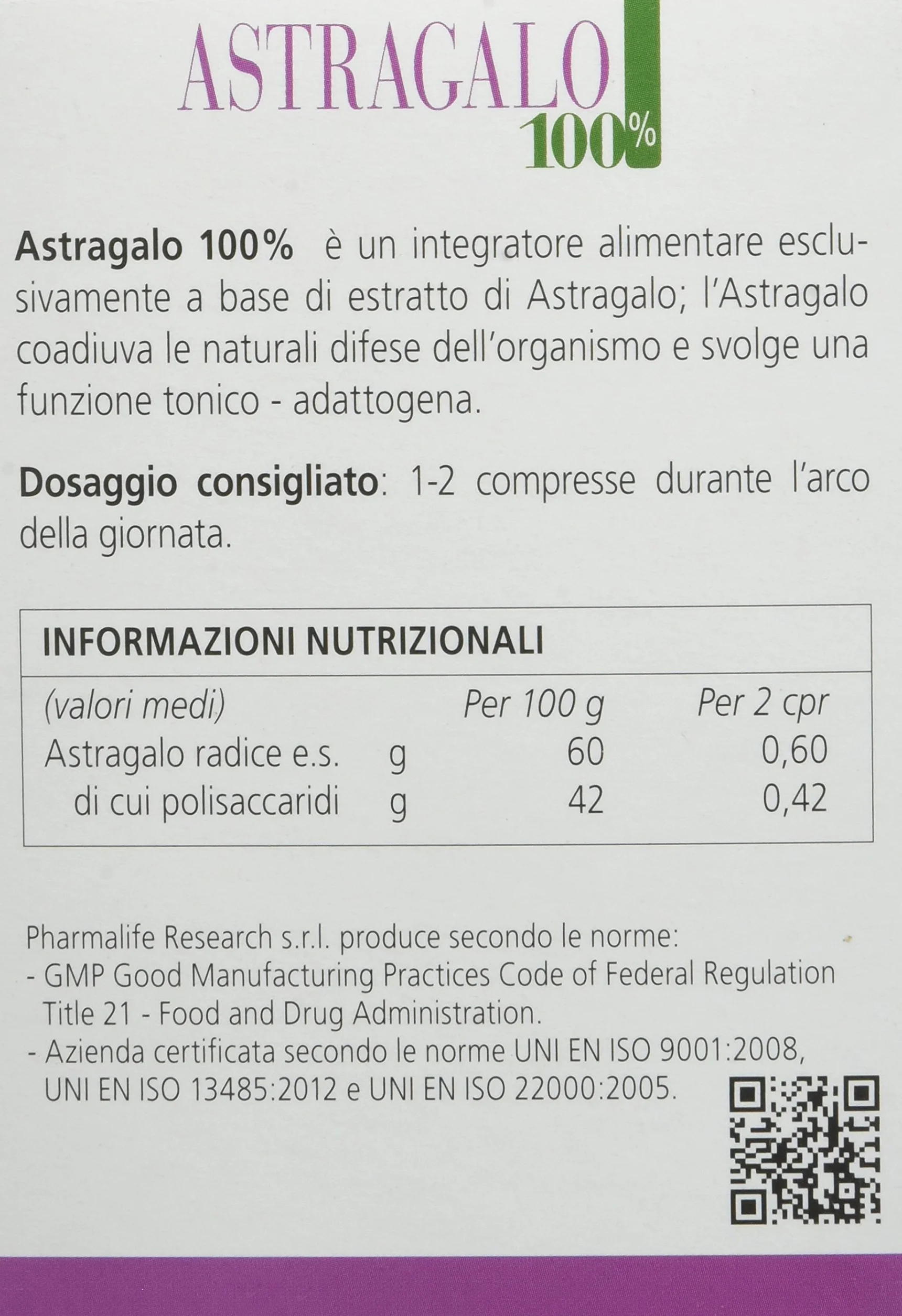 Pharmalife Astragalo 100% 60 Compresse