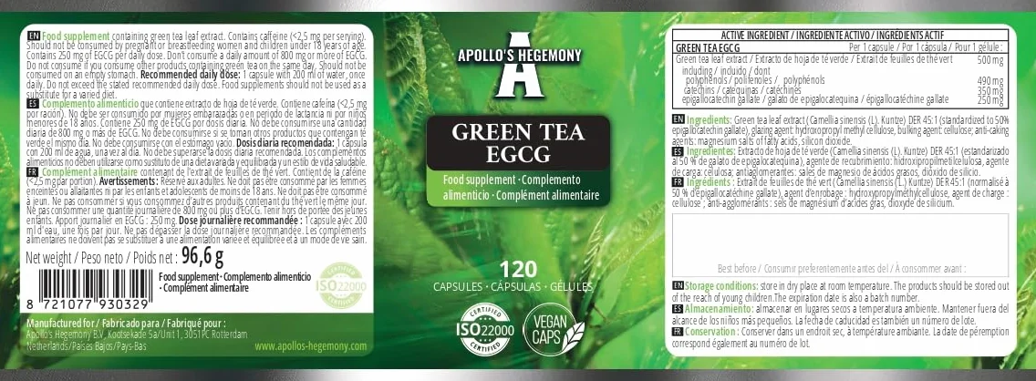 Estratto di tè verde 500 mg, contiene il 50% di EGCG e il 98% di polifenoli, 120 capsule vegane, 4 mesi di fornitura, bruciagrassi naturale, supporto antiossidante - da Apollo's Hegemony