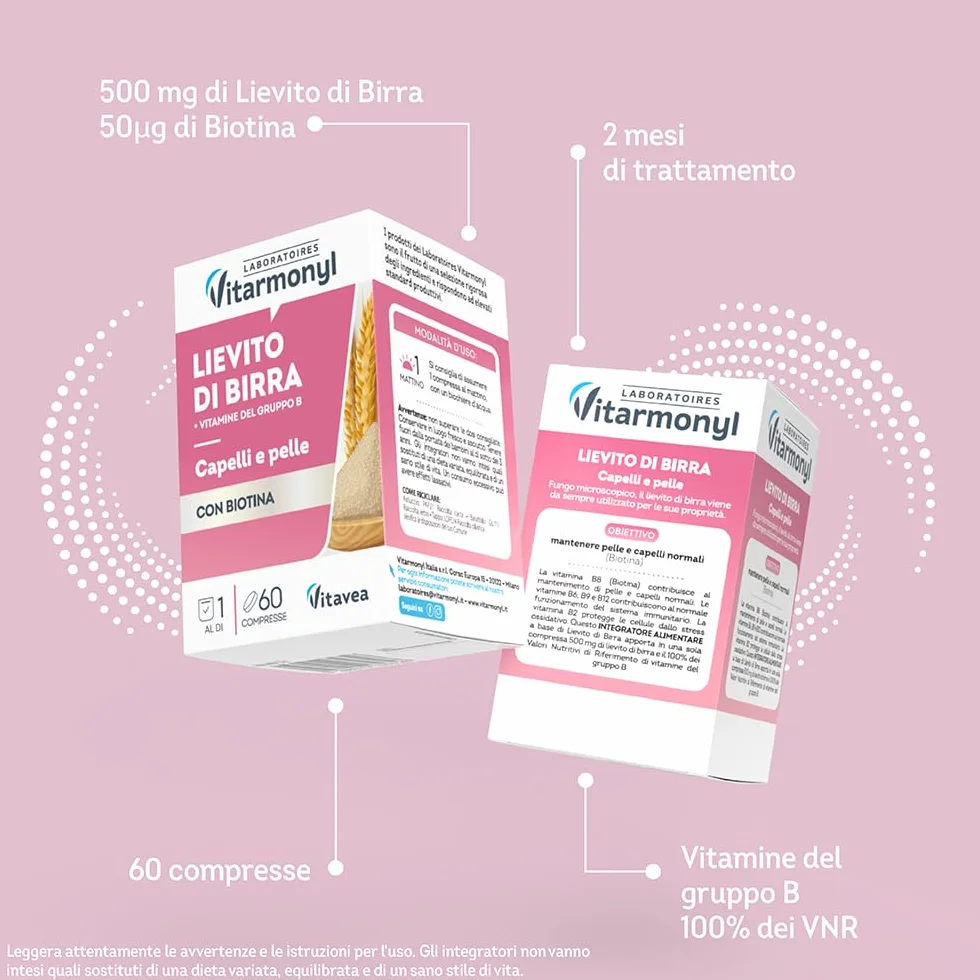 Vitarmonyl Lievito di Birra 60 Compresse per Capelli e Pelle con Biotina e Vitamine B1, B2, B3, B6, B9, B12