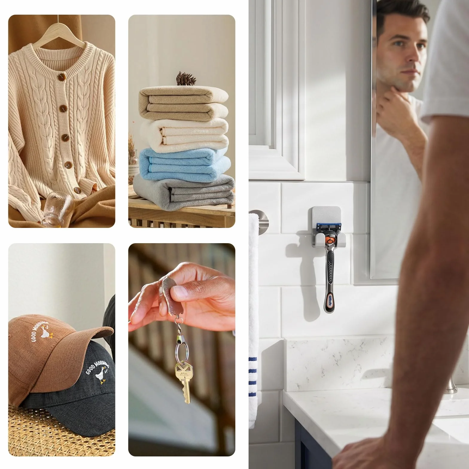Supporto per rasoio da doccia, supporto per rasoio, supporto per doccia, supporto per rasoio, autoadesivo, senza foratura, presa forte, in alluminio, set da 4 pezzi, per bagno e cucina