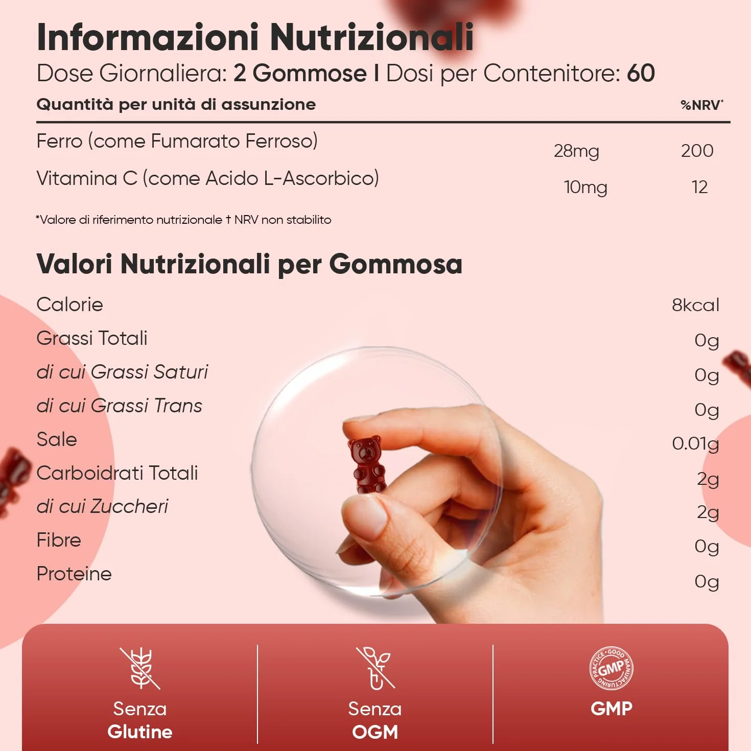Integratore Ferro e Vitamina C in 120 Caramelle Gommose Vegane (Scorta 2 Mesi), 38mg di Ferro Integratore (Fumarato Ferroso) con Vitamina C (Acido L-Ascorbico), Gusto Naturale di Pesca, Senza Glutine