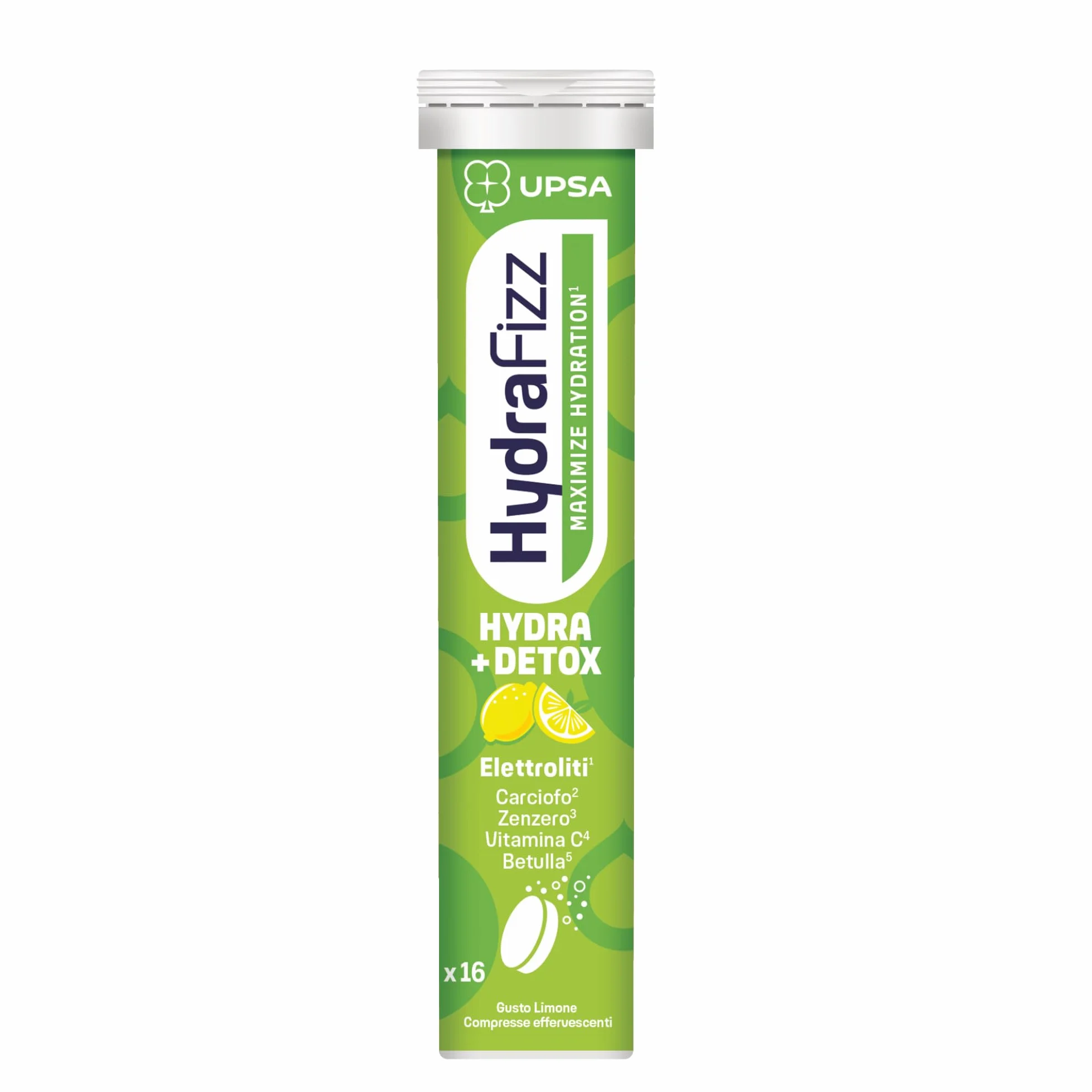 UPSA Hydrafizz Detox 16 Compresse Effervescenti Integratore Alimentare con Elettroliti Carciofo Zenzero Gusto Limone