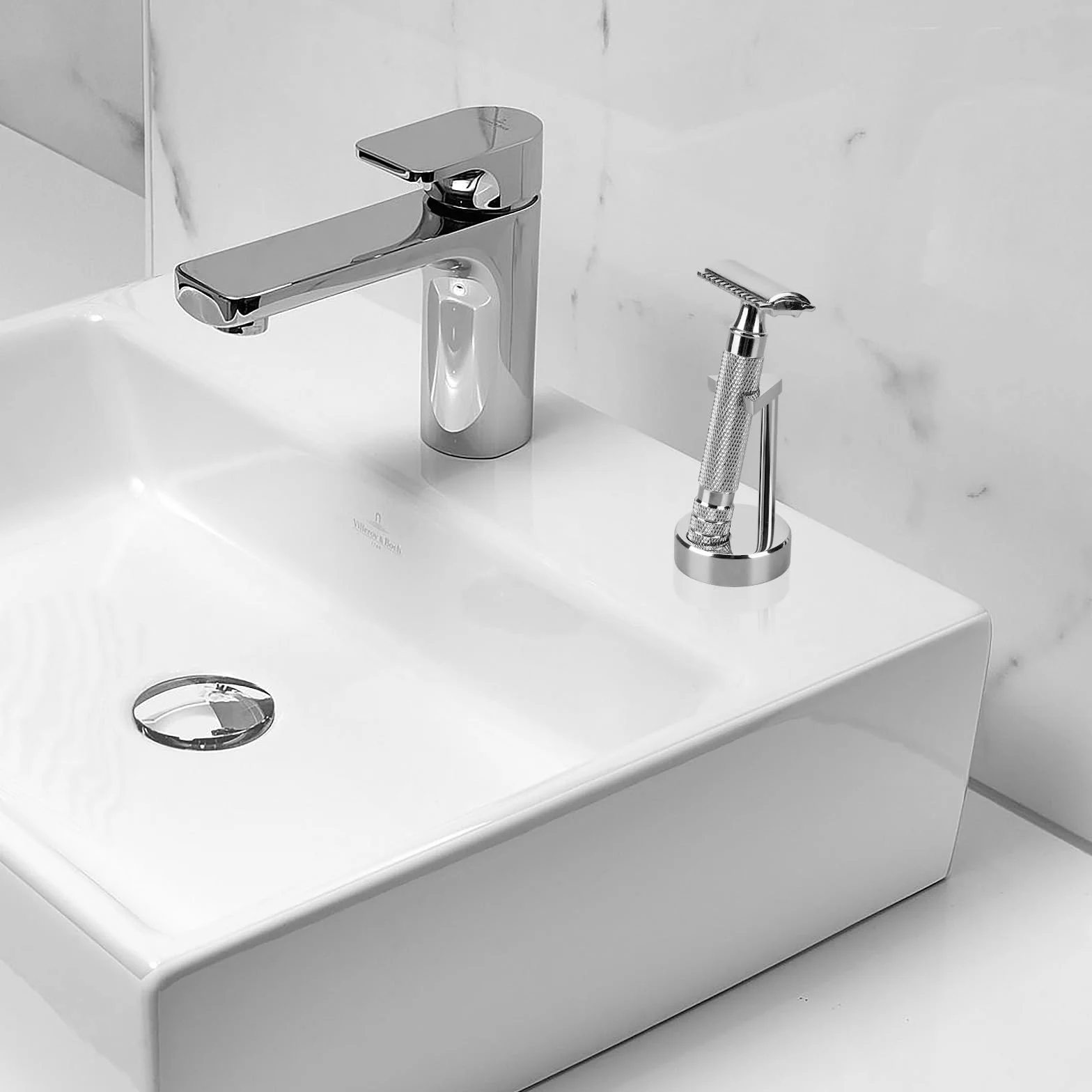 Linkidea Supporto per rasoio di sicurezza da uomo, compatibile con Vikings Blade the Chieftain, Merkur 34C, 700002, 23C, 38C, organizer per strumenti da barba per bancone del bagno (argento)