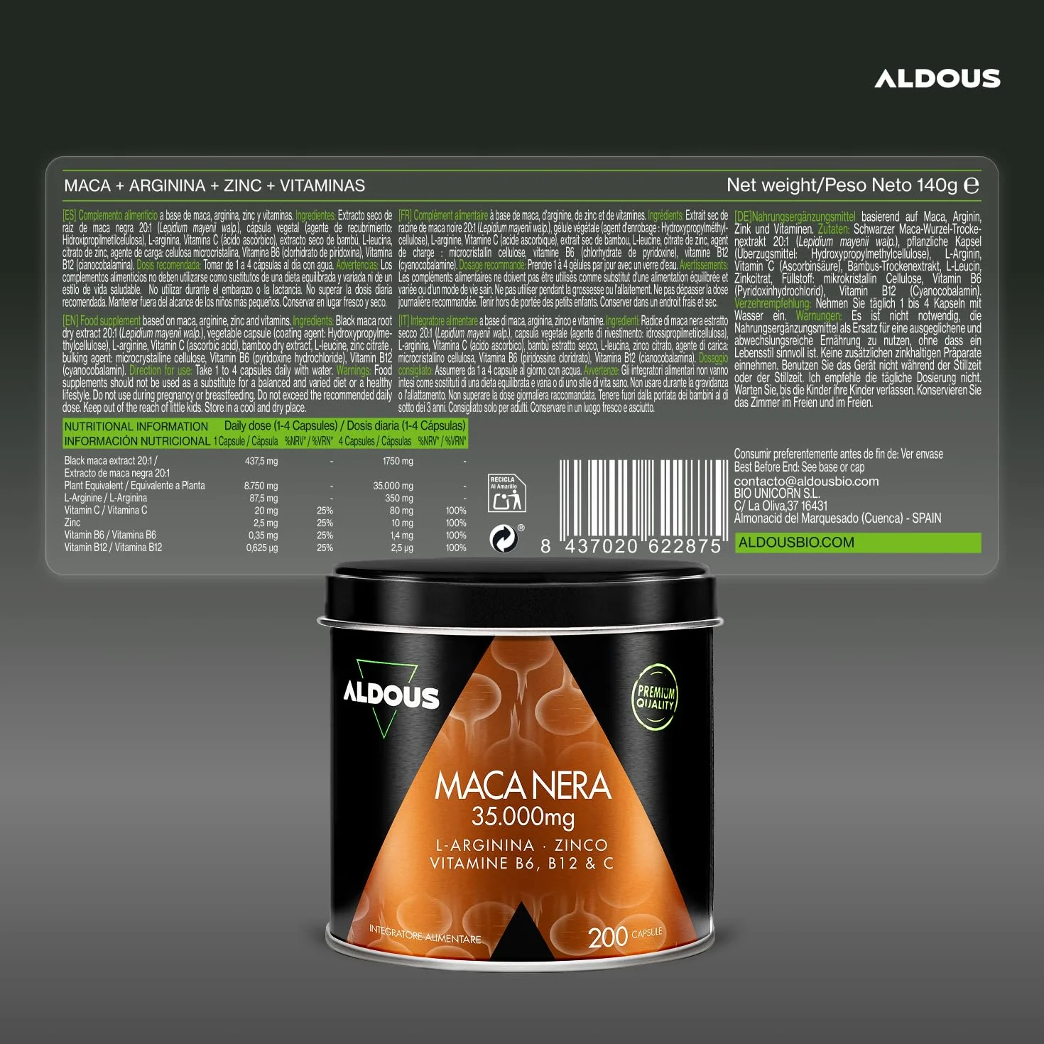Maca Peruviana Nera Complex 35.000 mg - Estratto Alta Qualità 20:1-200 Capsule Maca Nera - Energia, Vitalità - Arginina, Zinco, Vitamine B6, B12, C - Vegan - ALDOUS