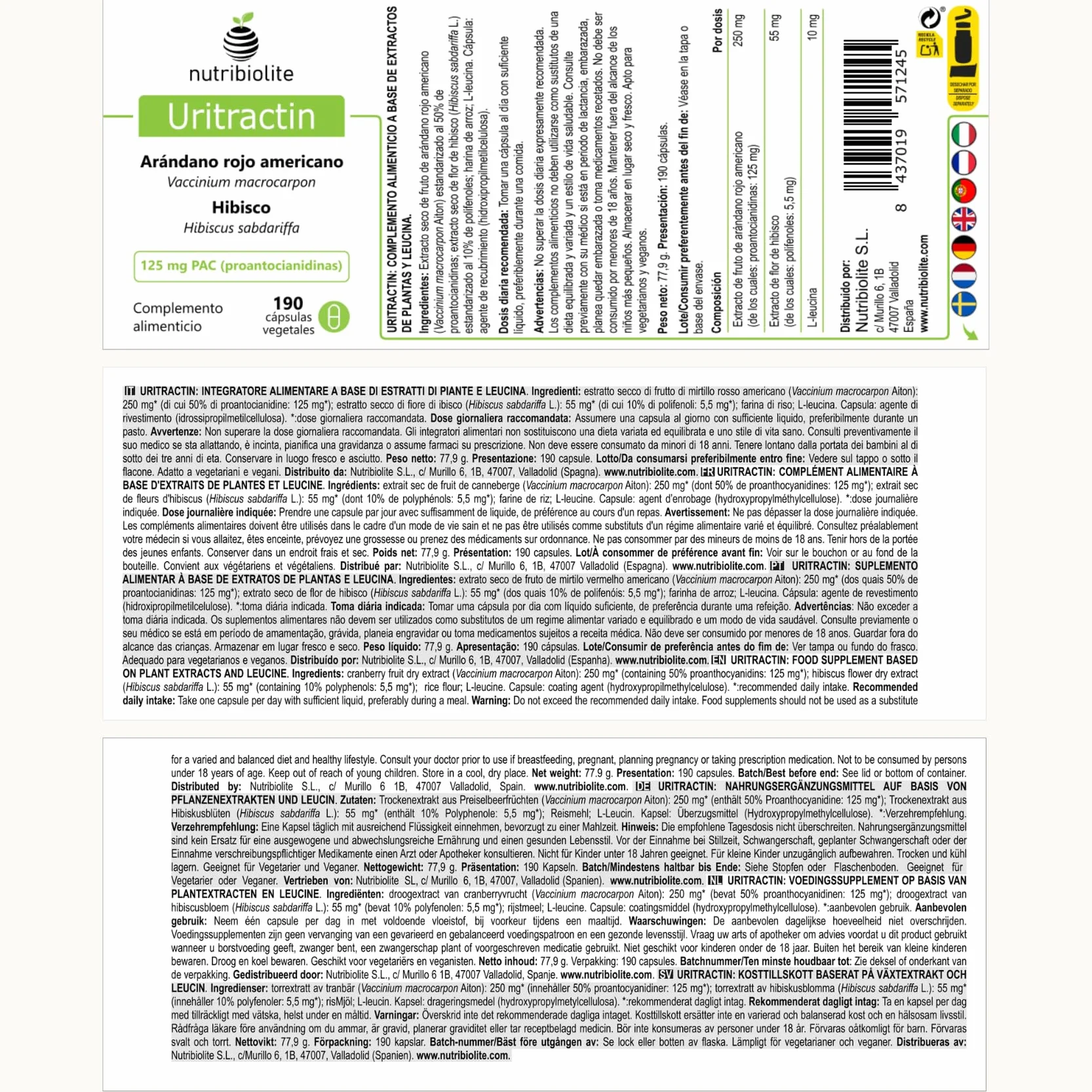 Mirtillo Rosso Americano Cranberry con Ibisco 125 mg di PAC Proantocianidine - Vie Urinarie - 190 Capsule - Senza Additivi +6 Mesi | Uritractin Nutribiolite