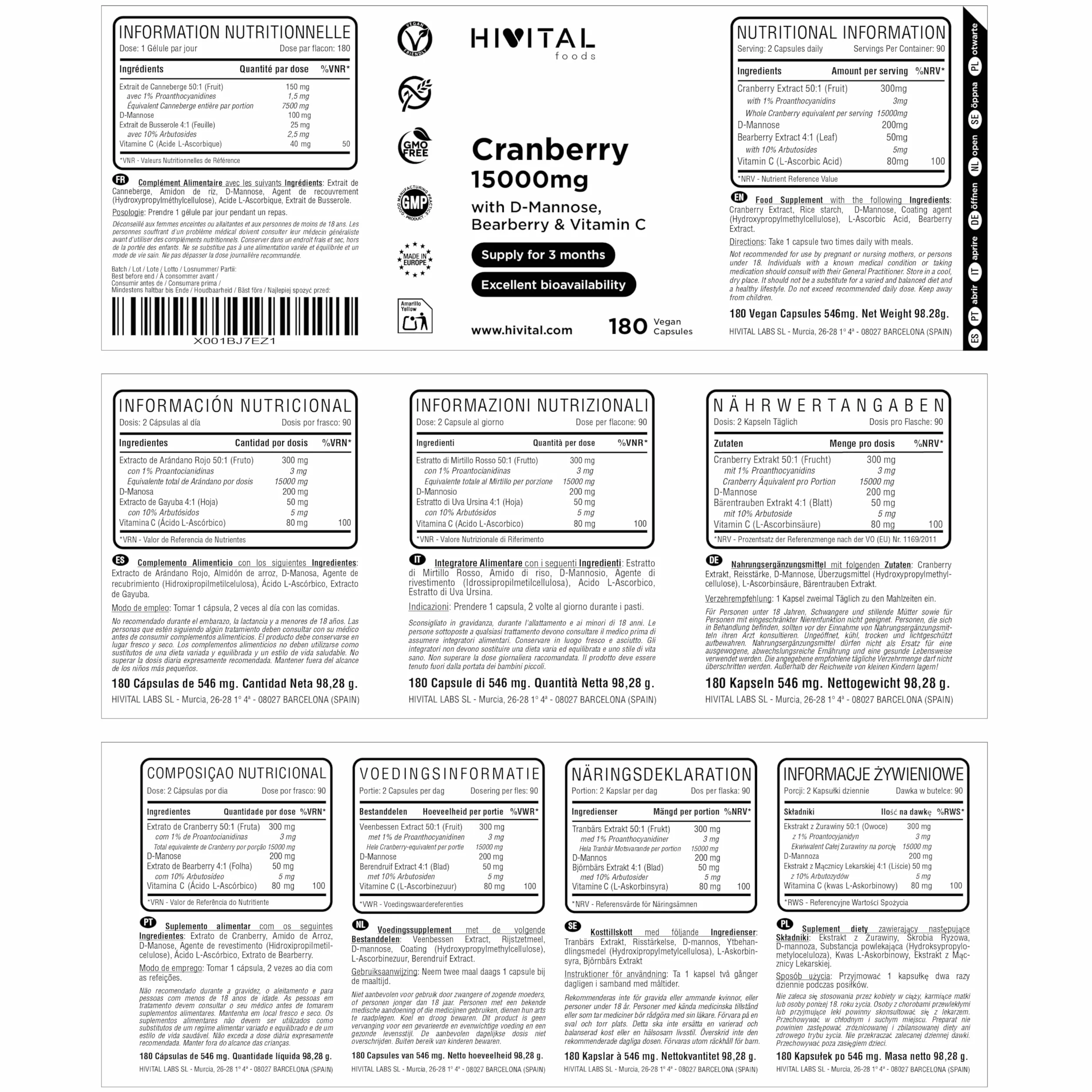 Mirtillo Rosso Americano 15000 mg. 180 capsule vegane per 3 mesi di trattamento. Con D-Mannosio, Uva Ursina e Vitamina C. 100% Cranberry Naturale. Prodotto in Europa da HIVITAL