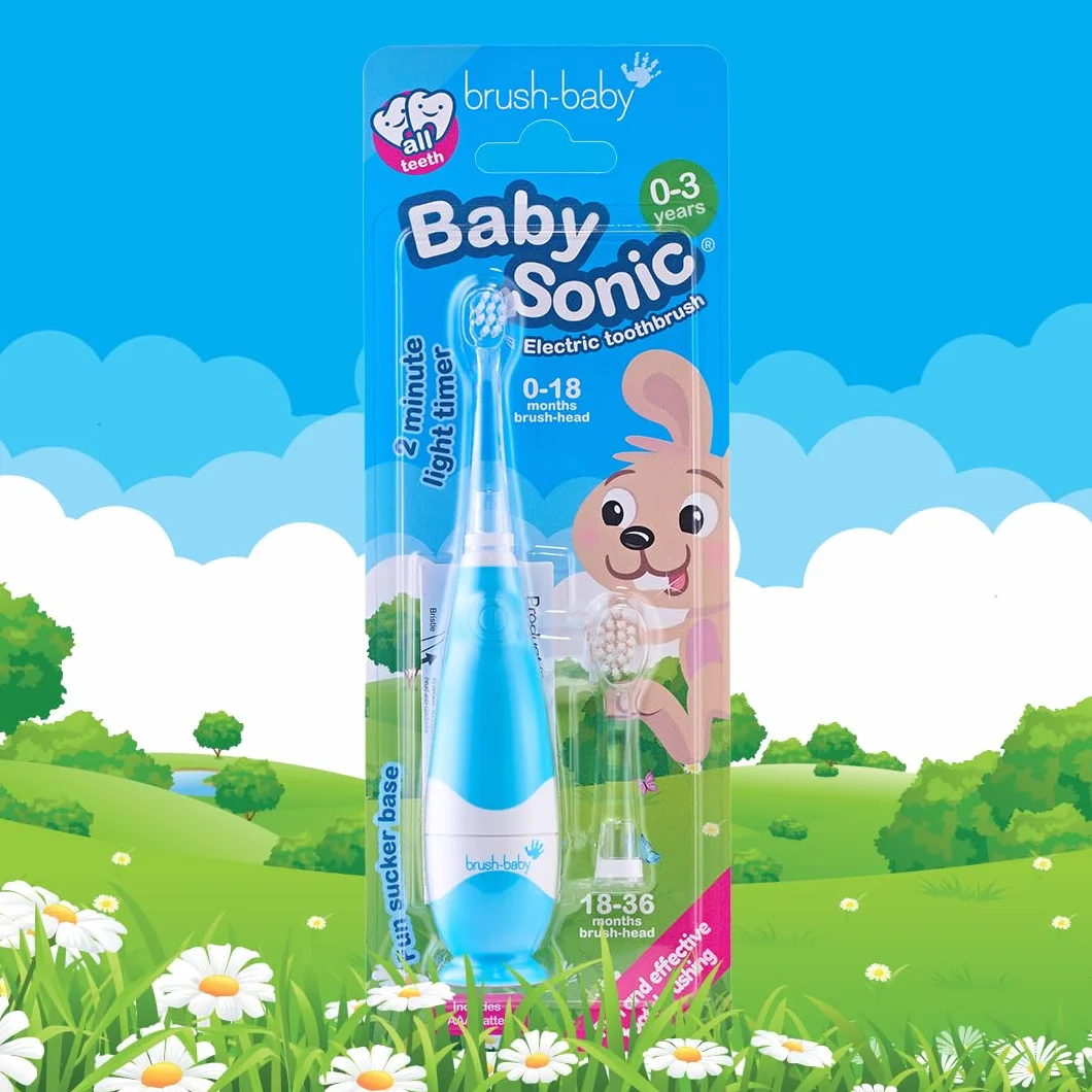 Brush-Baby - BabySonic - Spazzolino elettrico blu, 0-36 mesi, morbido e delicato, per gengive sensibili e denti nuovi, con luce LED e base di aspirazione, testine per neonati e bambini