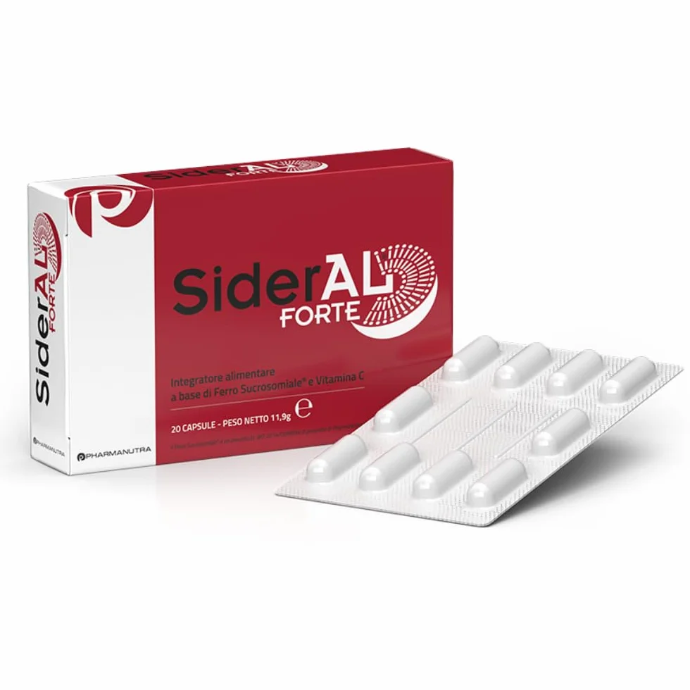 SiderAL® Forte Integratore alimentare a base di Ferro Sucrosomiale®, No Gusto metallico, Alta Tolerabilità, Alto assorbimento, No Glutine, No lattosio, 20 Capsule, Pharmanutra