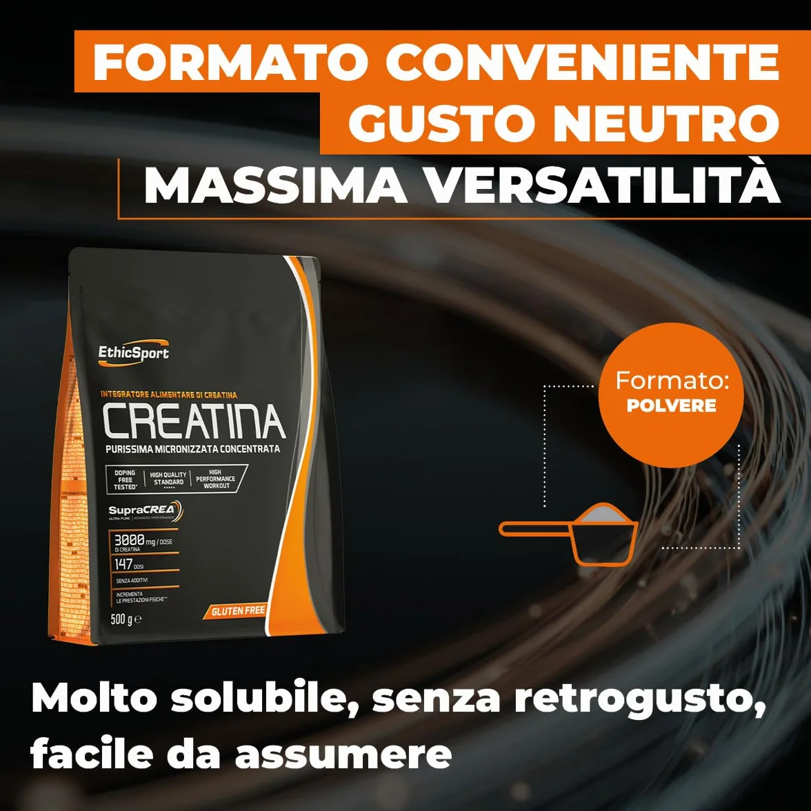 EthicSport CREATINA – Creatina monoidrato pura in polvere con SupraCREA™ – Incrementa le prestazioni fisiche in attività brevi e intense – elevata purezza, senza additivi – vegan, gluten free – 500 g