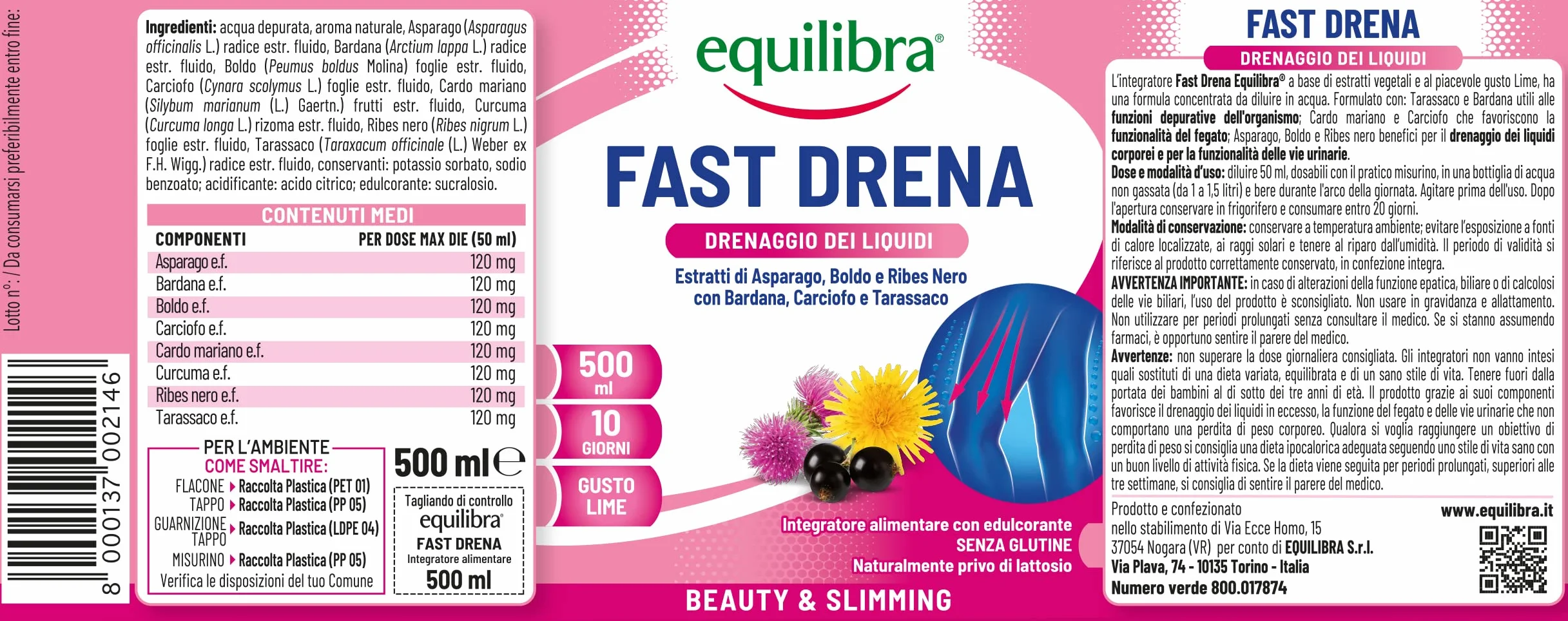 Equilibra Fast Drena Integratore Alimentare 500 ml Lime Drenaggio Liquidi Vie Urinarie Fegato