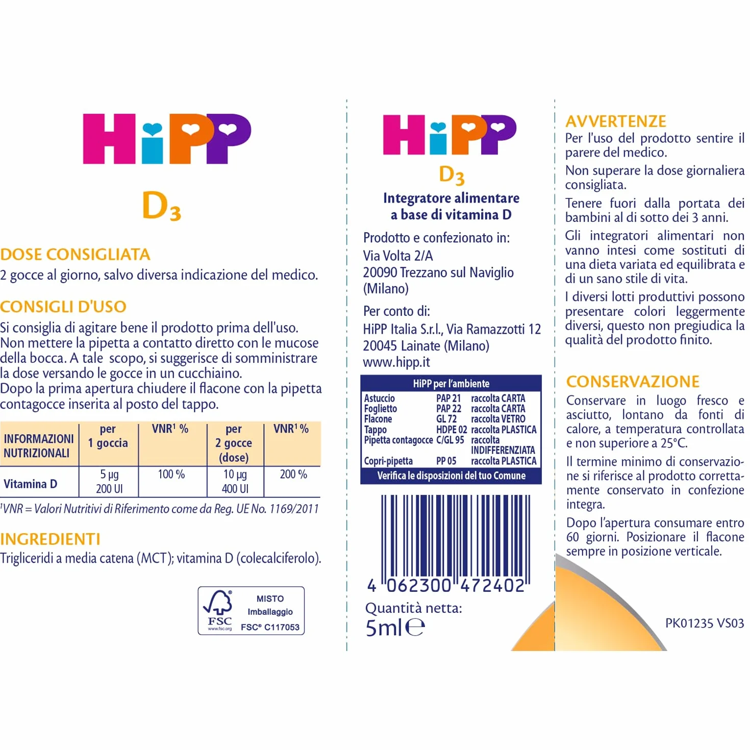 HiPP- HiPP D3, Vitamina D3, Integratore Alimentare, Bambini, in Gocce, Flacone 5 ml, con Pratica Pipetta Contagocce, Senza Glutine, Senza Additivi