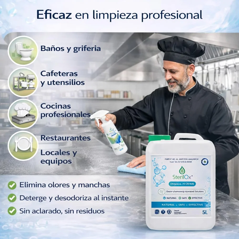 Soluzione Cosmetica con Acido Ipocloroso 5L Senza Alcol e Profumo Cura della Pelle Oggetti Superfici HoReCa