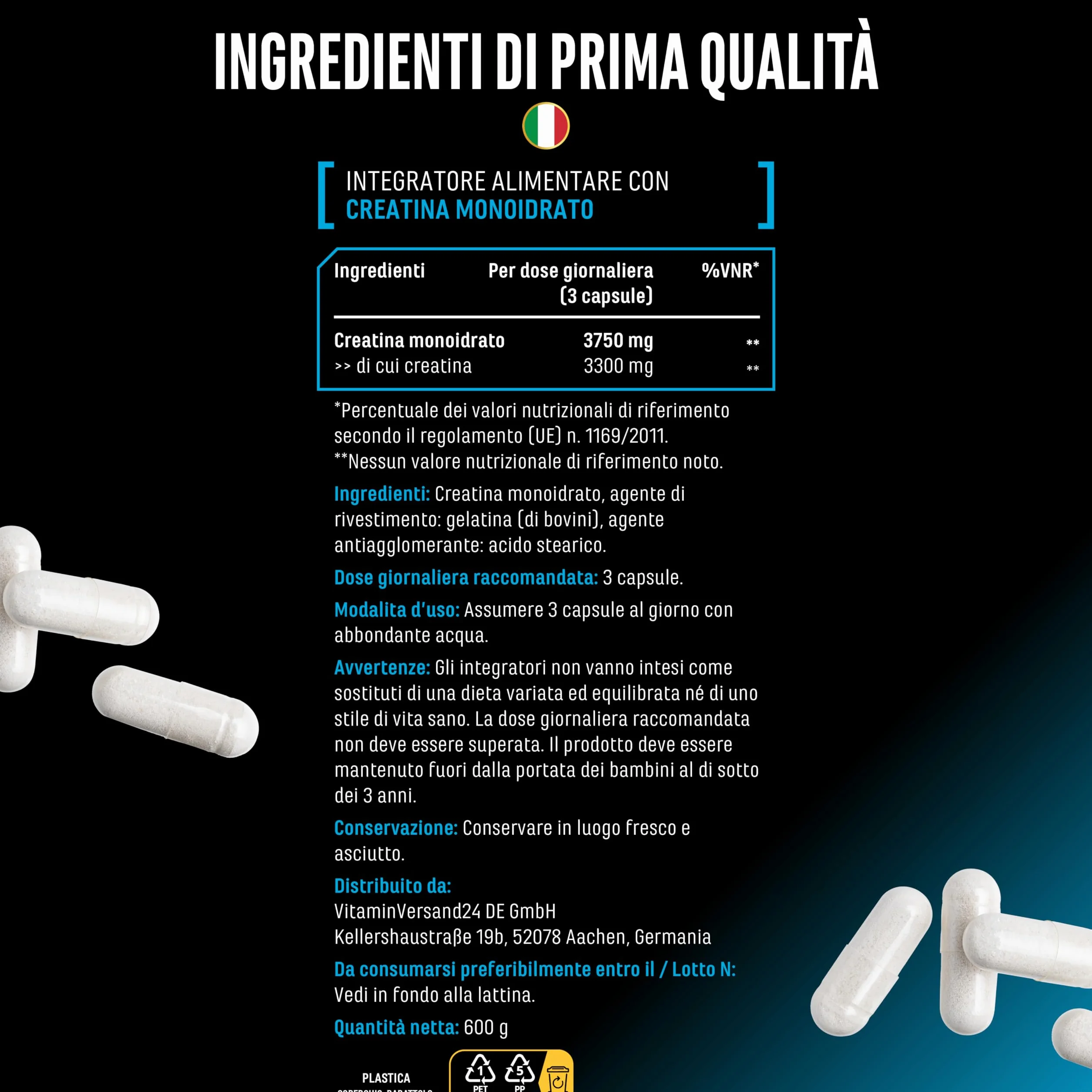 Creatina Ultra Caps 420 capsule 1250 mg creatina monoidrato pura Premium Ultrafine Mesh Factor 200