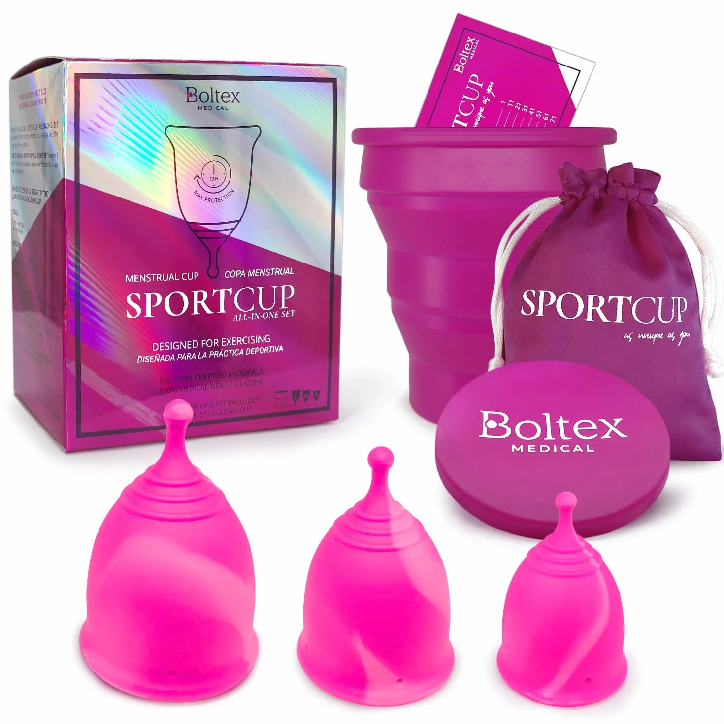 Coppetta Mestruale SPORT CUP ALL-IN-ONE SET di BOLTEX MEDICAL. Progettata per Donne Attive. Include Sterilizzatore, 3 Coppette: Taglie S, M, L e Borsa