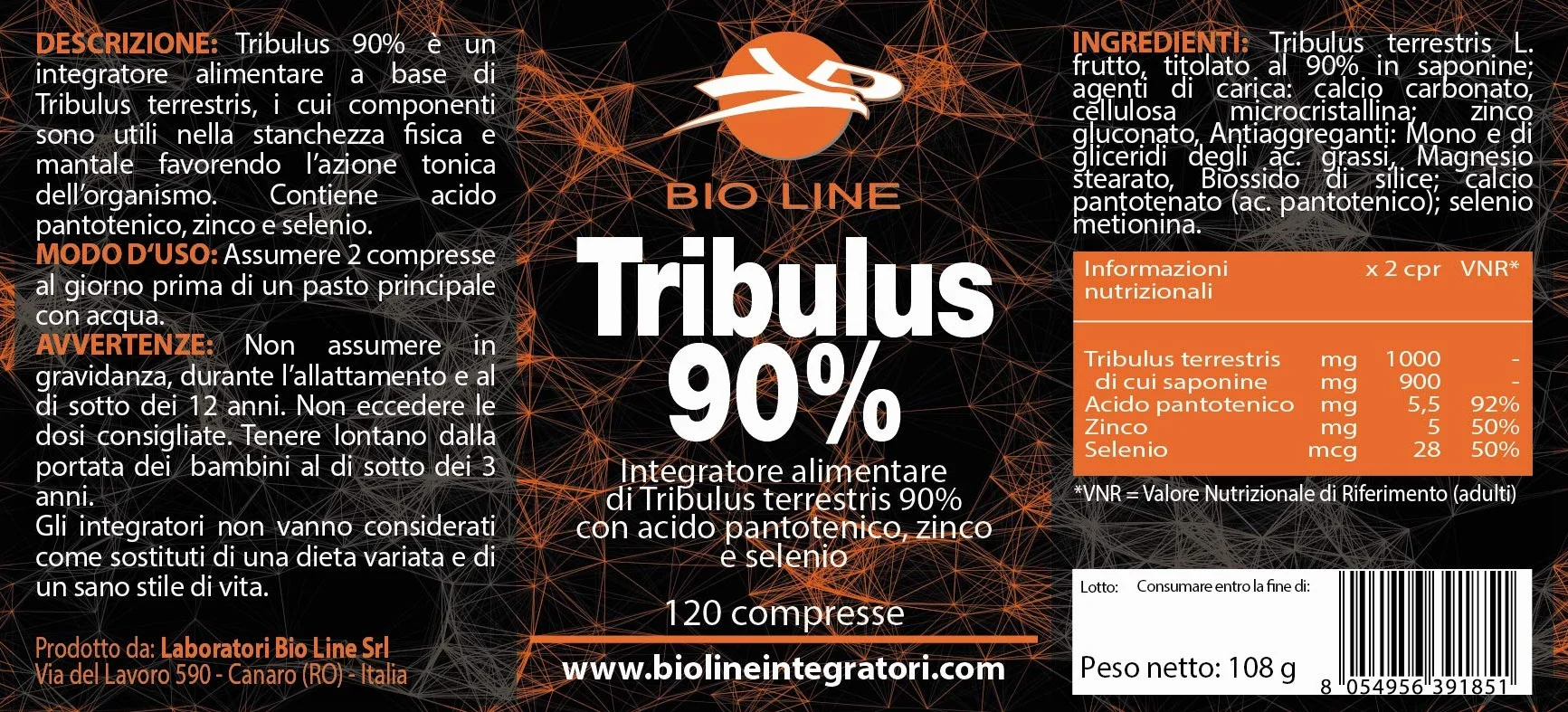TRIBULUS 90% Integratore alimentare Tribulus Terrestris L. frutto titolato al 90% saponine 120 compresse