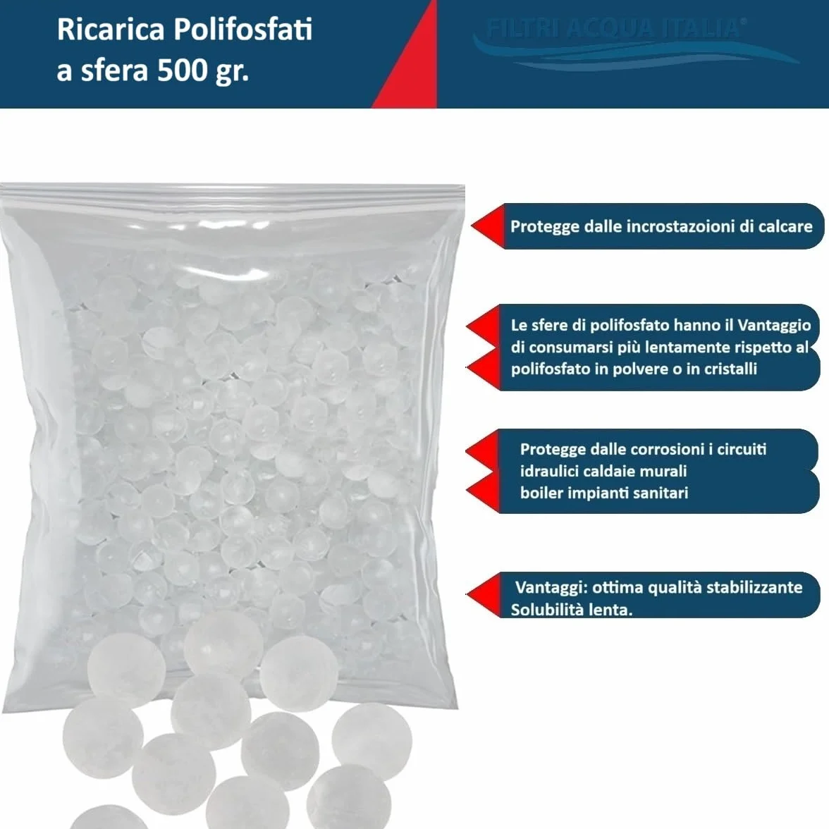 Polifosfati a Sfere 500 gr Ricarica per Filtri Anticalcare Lavatrice