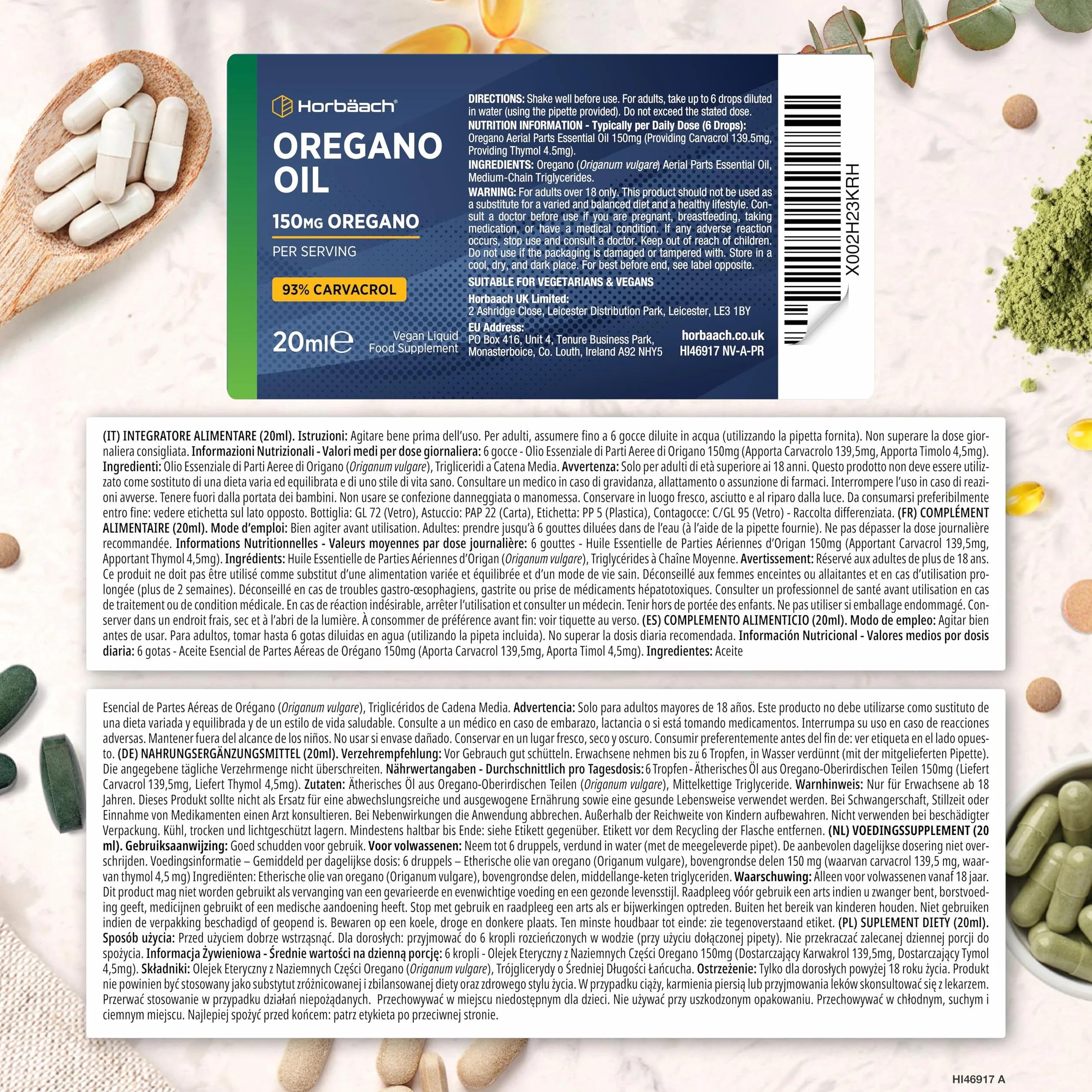 Olio di Origano Gocce 100% Puro Alto dosaggio Carvacrolo 20 ml Vegano Horbaach